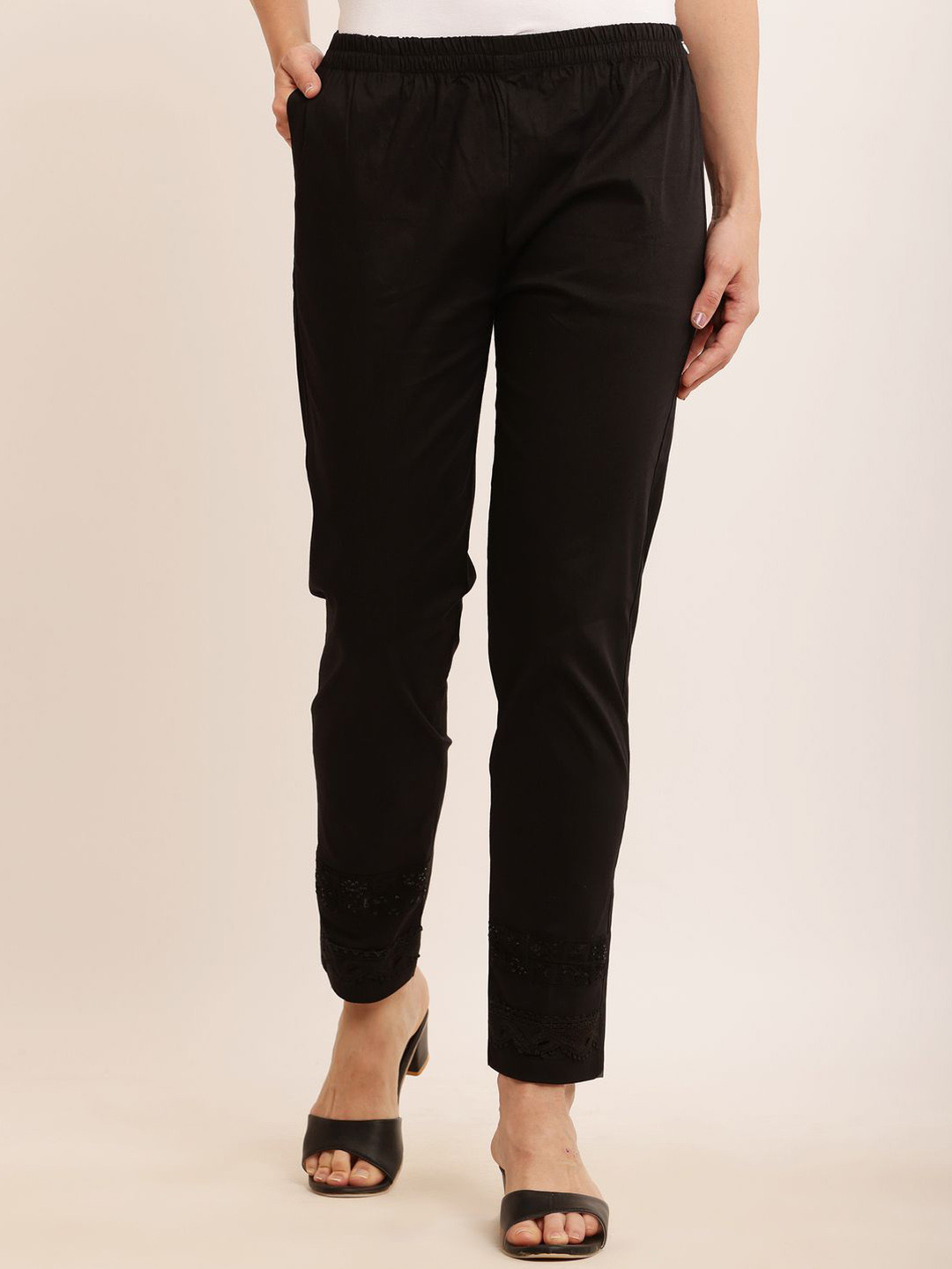 Sellingsea Women Lace Work Plain Regular Fit Cigarette Trousers