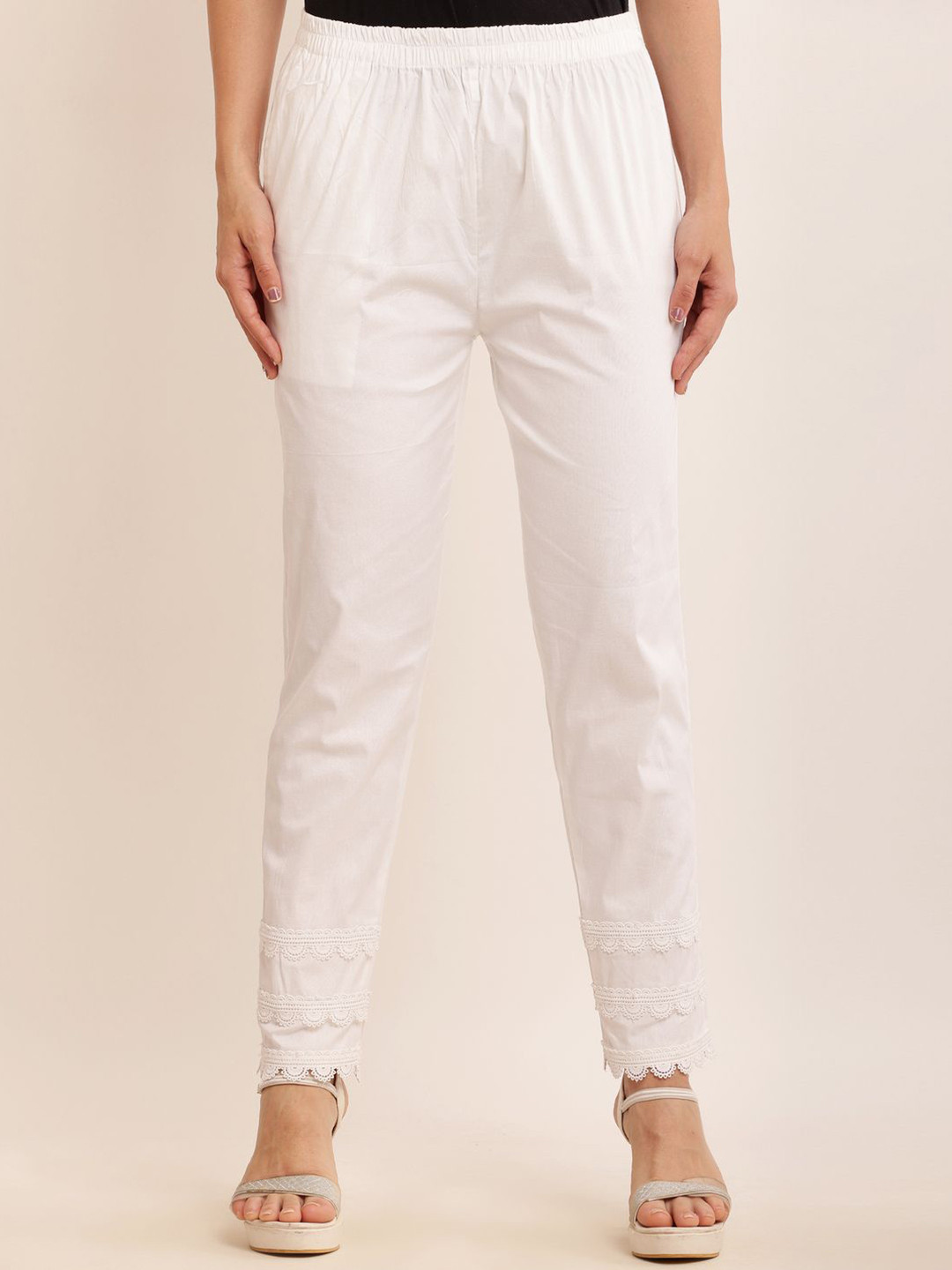 Sellingsea Women Plain Lace Work Regular Fit Cigarette Trousers