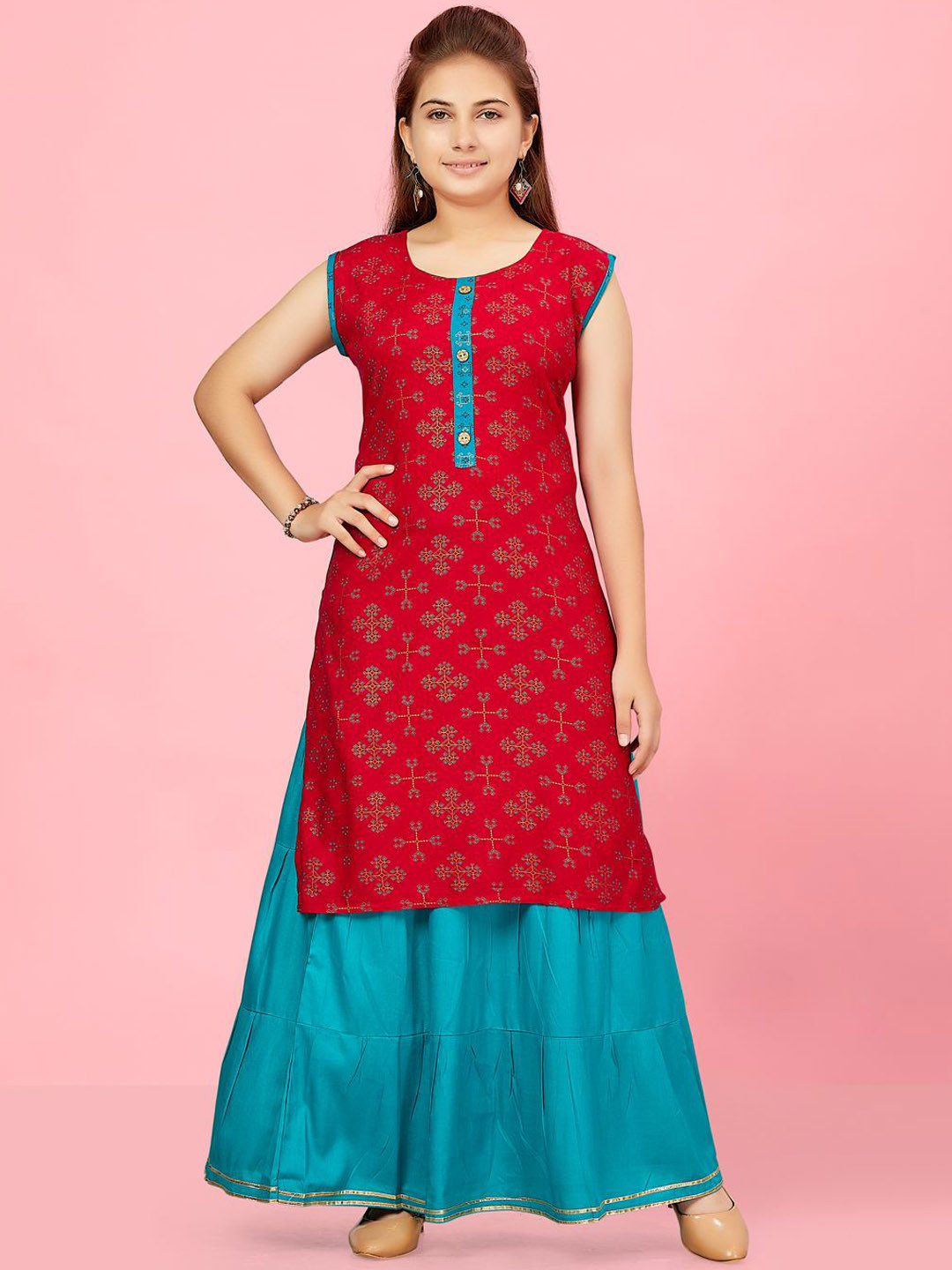 Sangria Girls Red Geometric Printed Round Neck A-Line Kurta