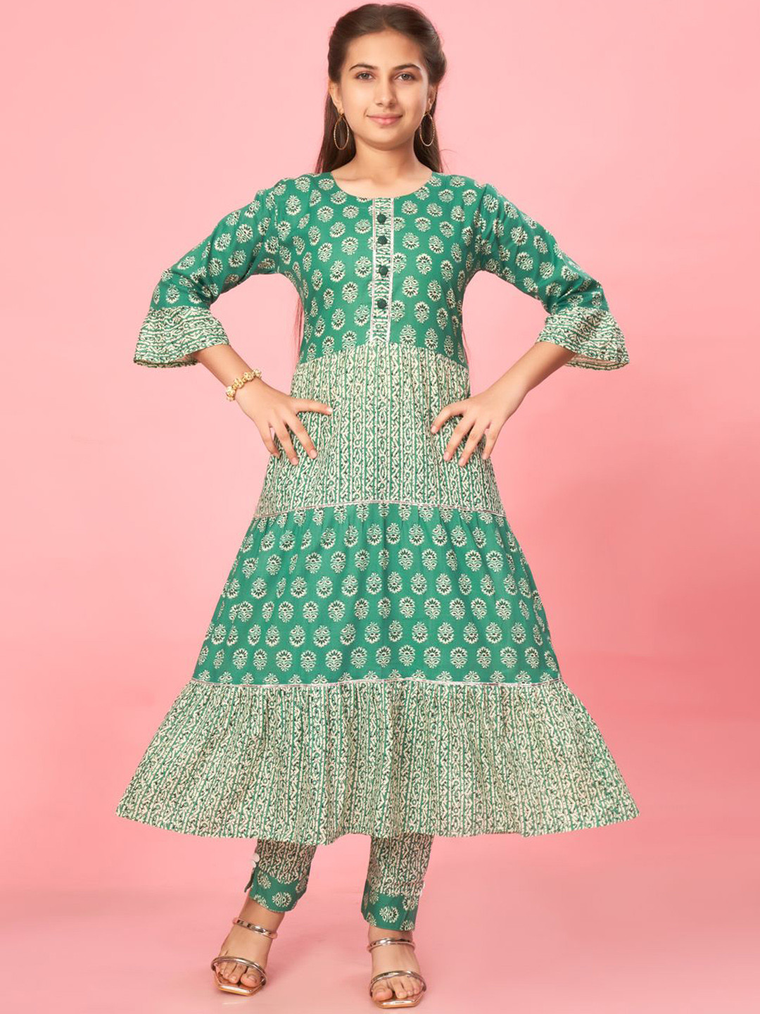 Sangria Girls Rama Green Floral Printed Tiered Bell Sleeves Pure Cotton Anarkali Kurtas