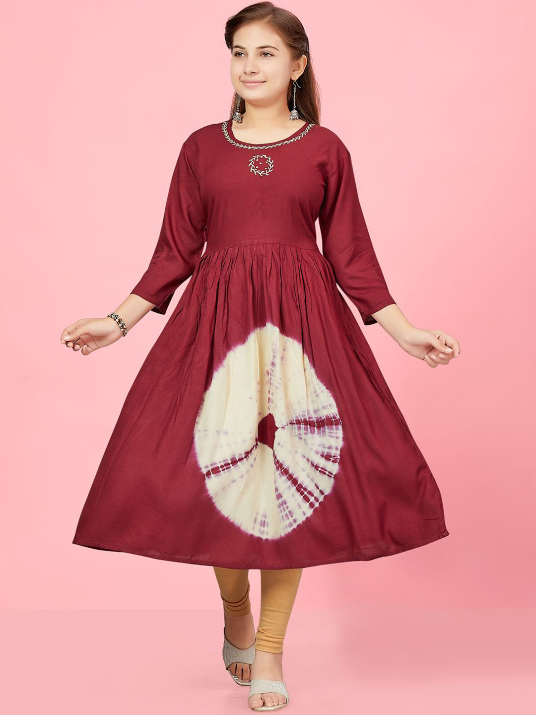 Sangria Girls Maroon Shibori Dyed Pleated Pure Cotton Anarkali Kurta