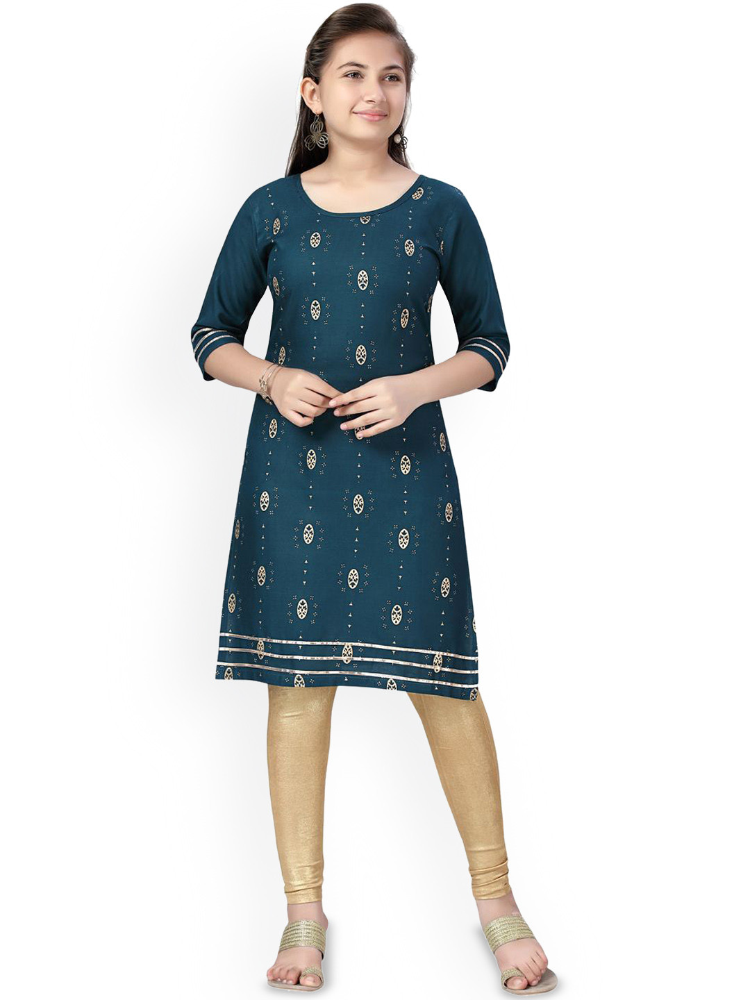 Sangria Girls Rama Blue Ethnic Motifs Printed Round Neck Pure Cotton Straight Kurta