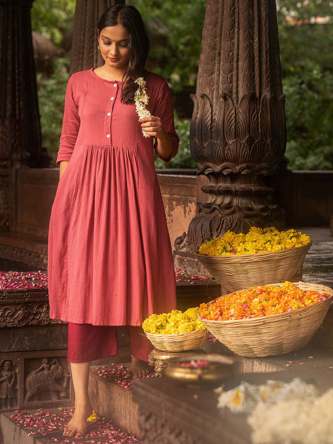 JITI Kaner Round Neck Pleated A-Line Pure Cotton Kurta With Palazzos