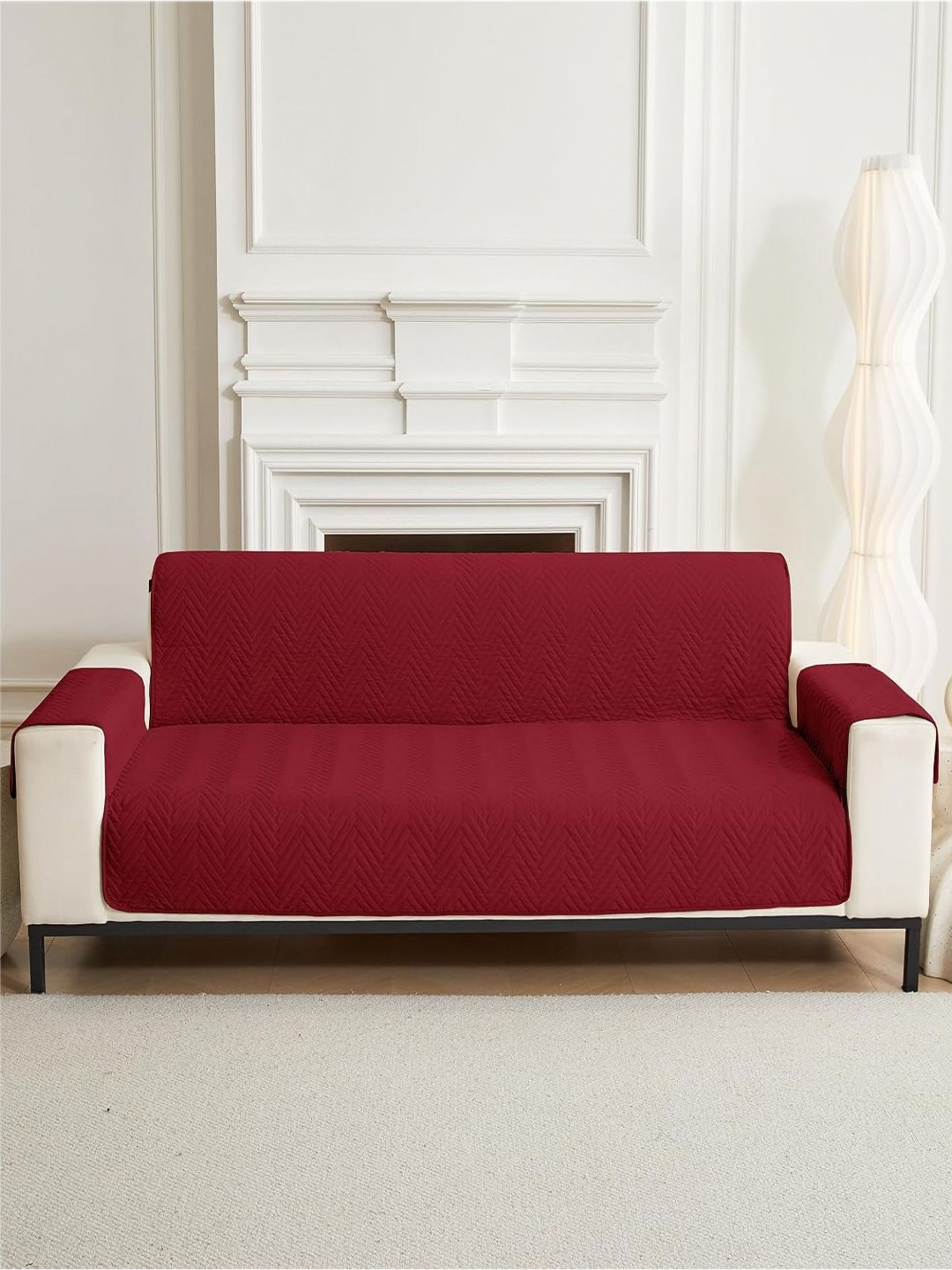 HOUSE OF QUIRK Maroon Printed Triple Seater Quilted Water-Resistant Sofa Mat With Arms