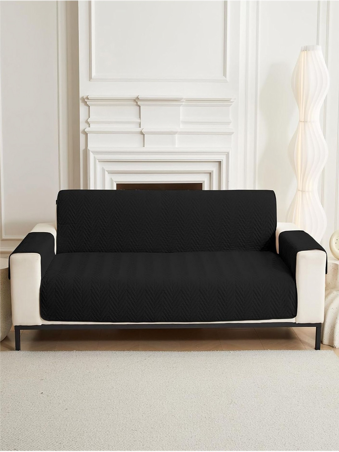 HOUSE OF QUIRK Black Printed Four Seater Quilted Water-Resistant Sofa Mat With Arms