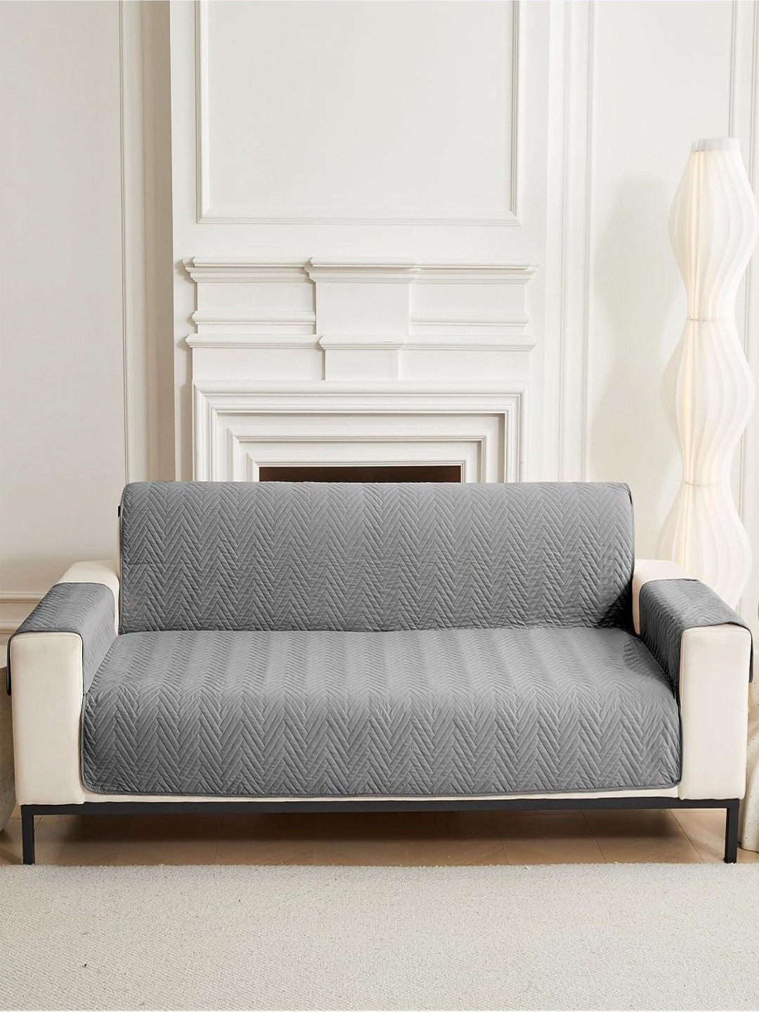 HOUSE OF QUIRK Charcoal Printed Triple Seater Quilted Water-Resistant Sofa Mat With Arms