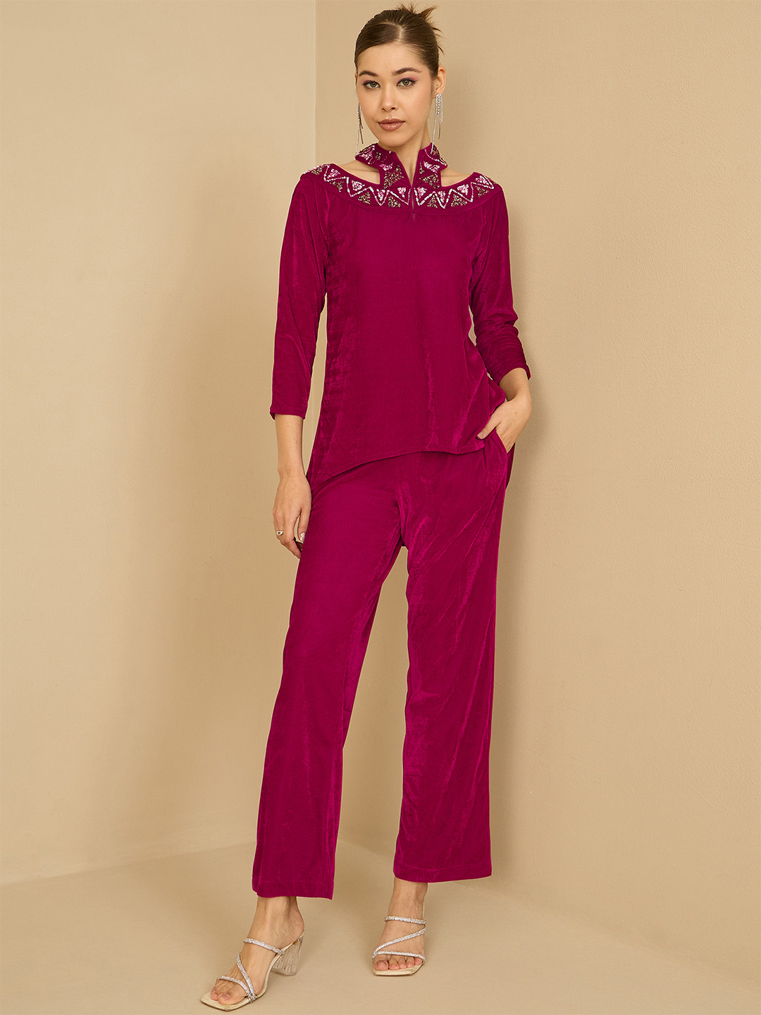 Antheaa Embellished Halter Neck Velvet Top With Trousers