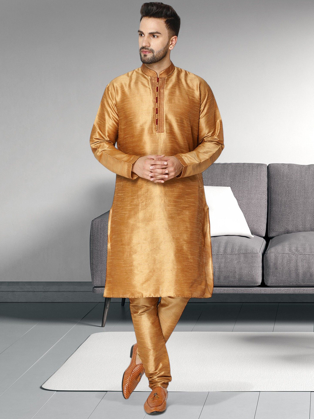 Moda Rapido Mandarin Collar Stones And Beads Work Thread Work Kurta With Pyjamas