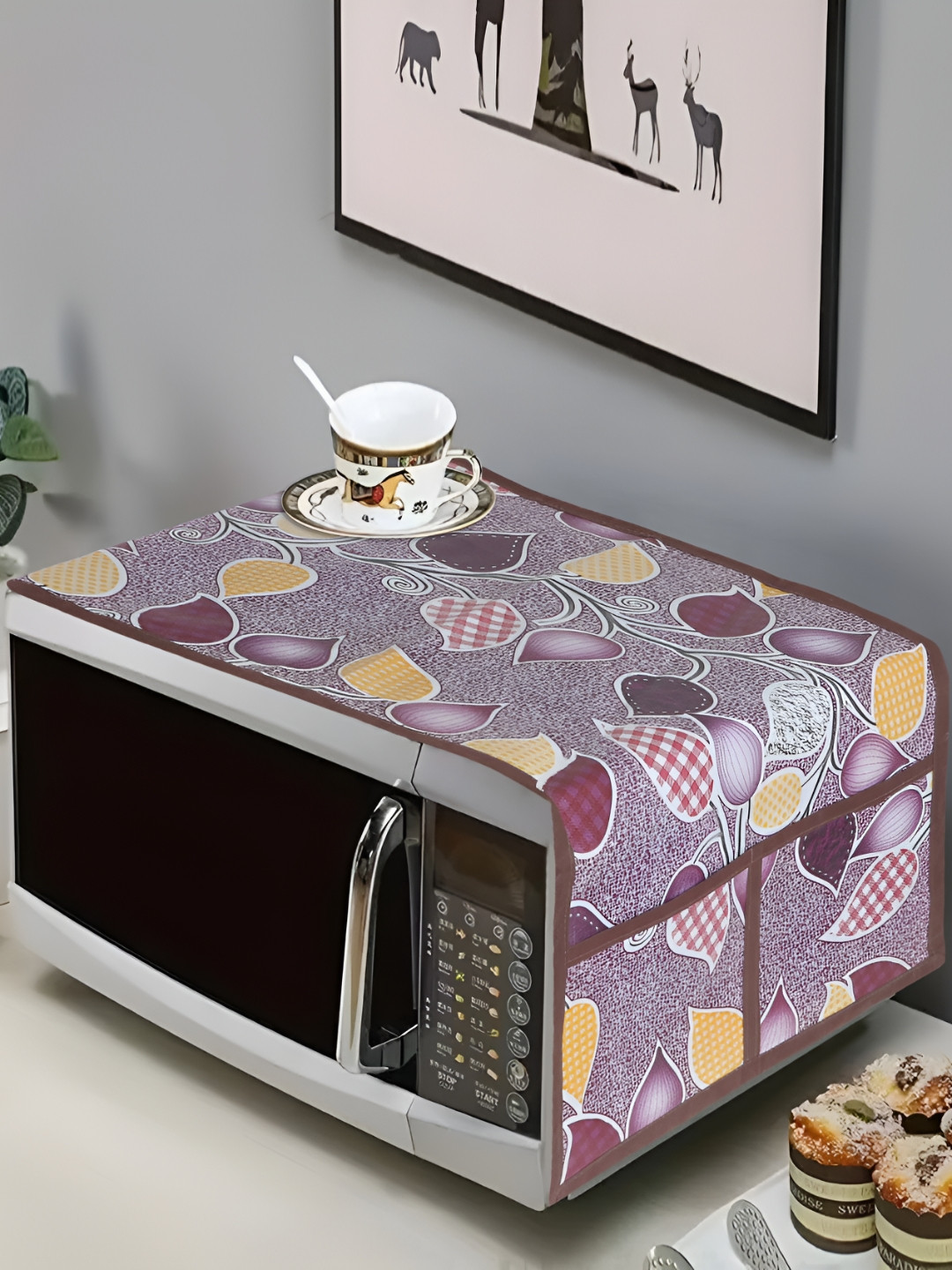 Dakshya Industries Purple & White Leaf Printed Microwave Oven Appliance Cover