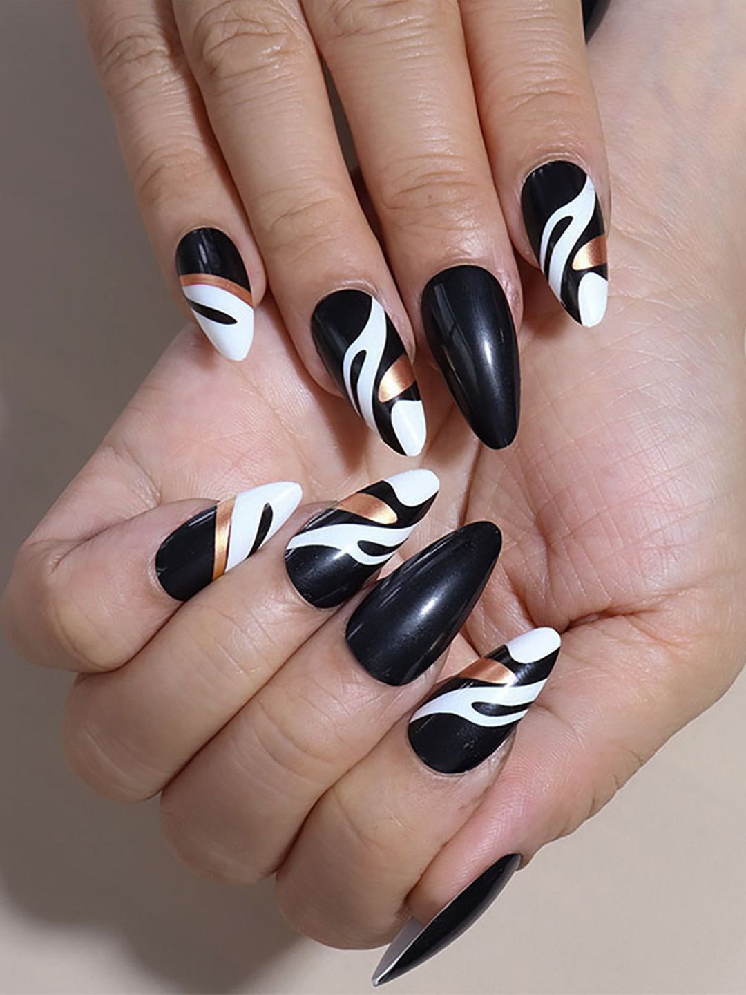Secret Lives Set Of 24 Glossy Almond Shape With Golden Strips Nails - Black & White