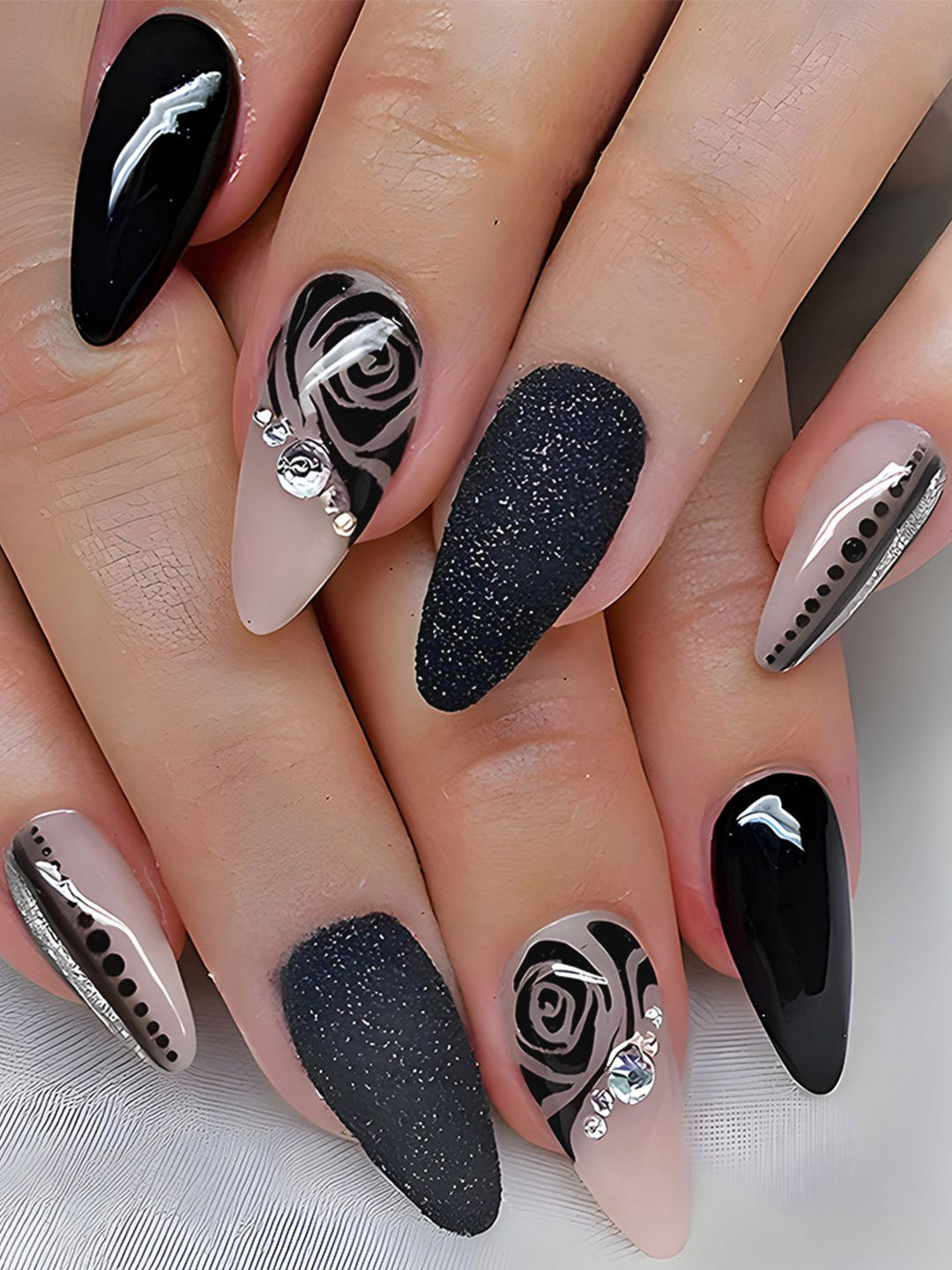 Secret Lives Set Of 24 Glossy With 3D Studs & Glitter Nail Art - Black & Silver