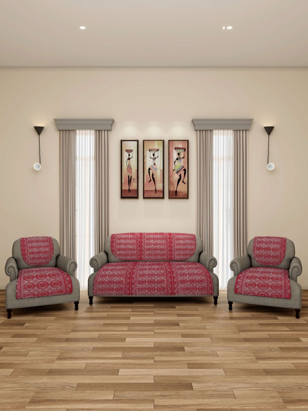 Aura Maroon & White 6 Pieces Floral Printed 5-Seater Net Sofa Covers