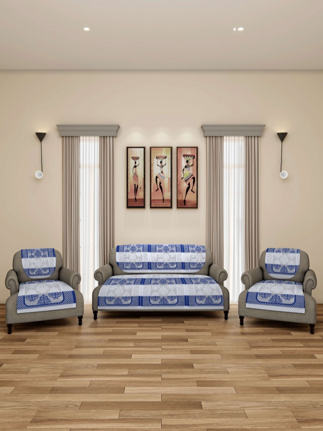 Aura Blue & White 6 Pieces Damask Printed 5-Seater Net Sofa Covers