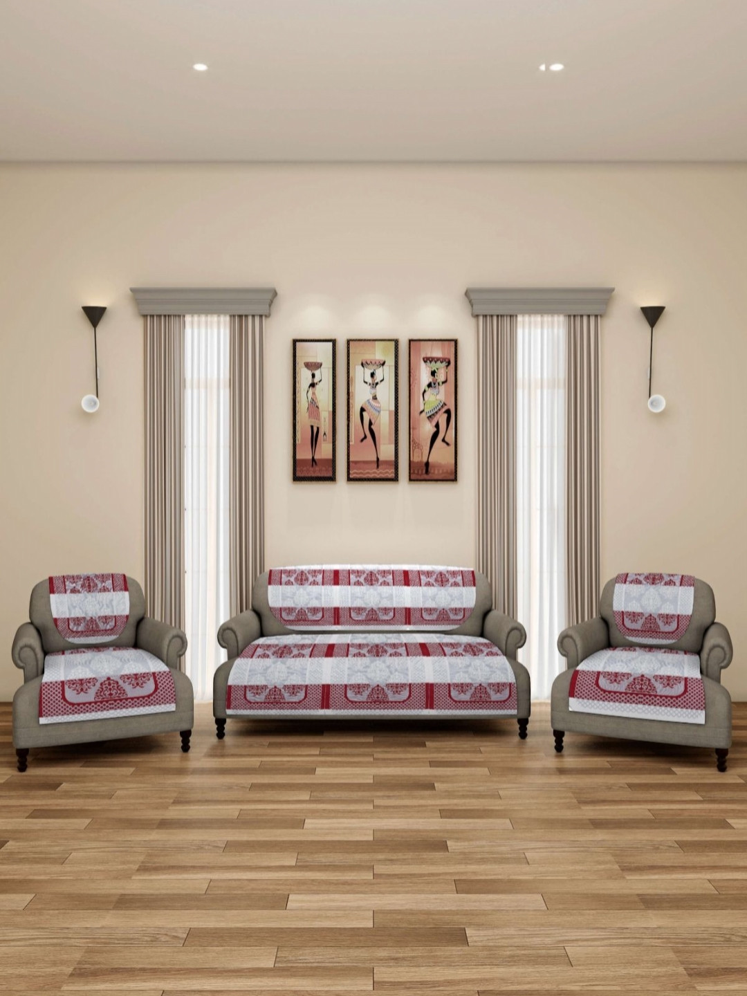 Aura Maroon & Beige 6 Pieces Damask Printed 5-Seater Sofa Covers