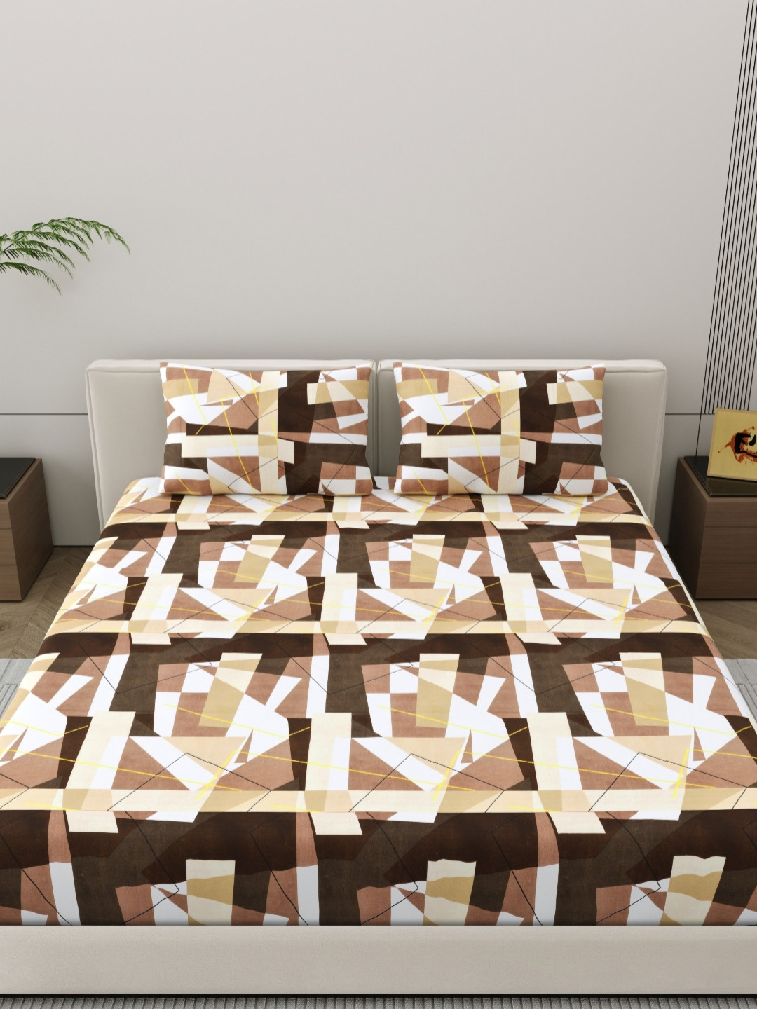 Dreamscape Hermosa Optimist Bloom Esther Brown Abstract Microfiber Wrinkle Free 140 TC Queen Fine Bedsheet with 2 Pillow Covers-220 x 249 cm