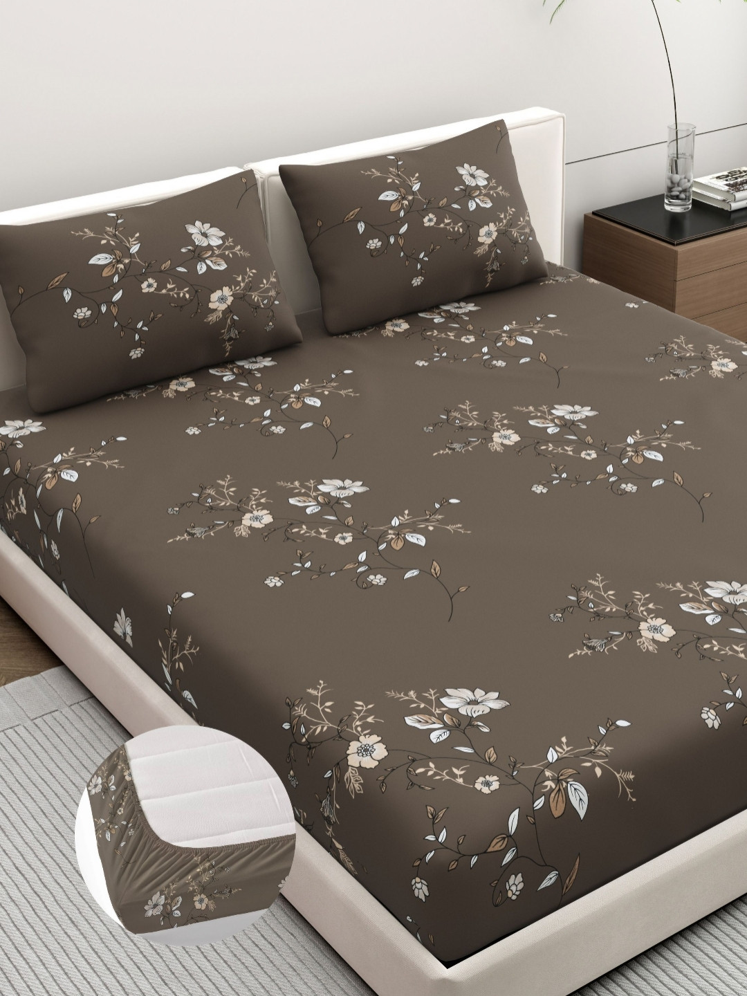 Dreamscape Coffee Brown Floral Printed 140 TC Cotton King Bedsheet Set 1.83 m x 1.98 m