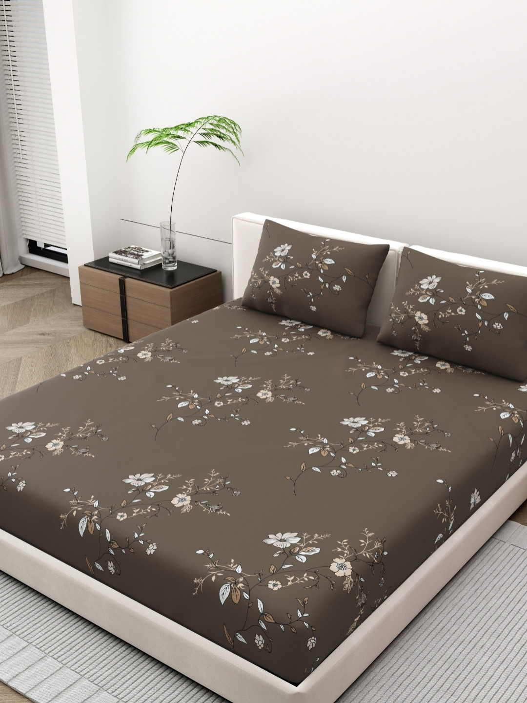 Dreamscape Coffee Brown Floral Printed 140 TC Microfiber Queen Bedsheet 2.20 m x 2.49 m