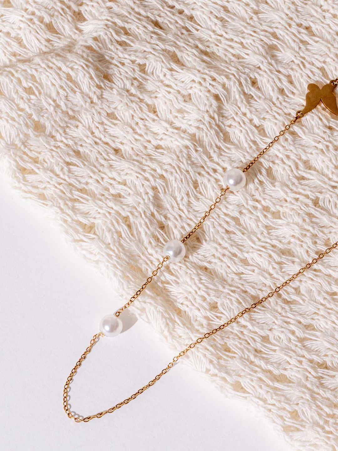 ZAISHA 18K Gold Plated Stainless Steel Pearls Ball Drop Butterfly Chain