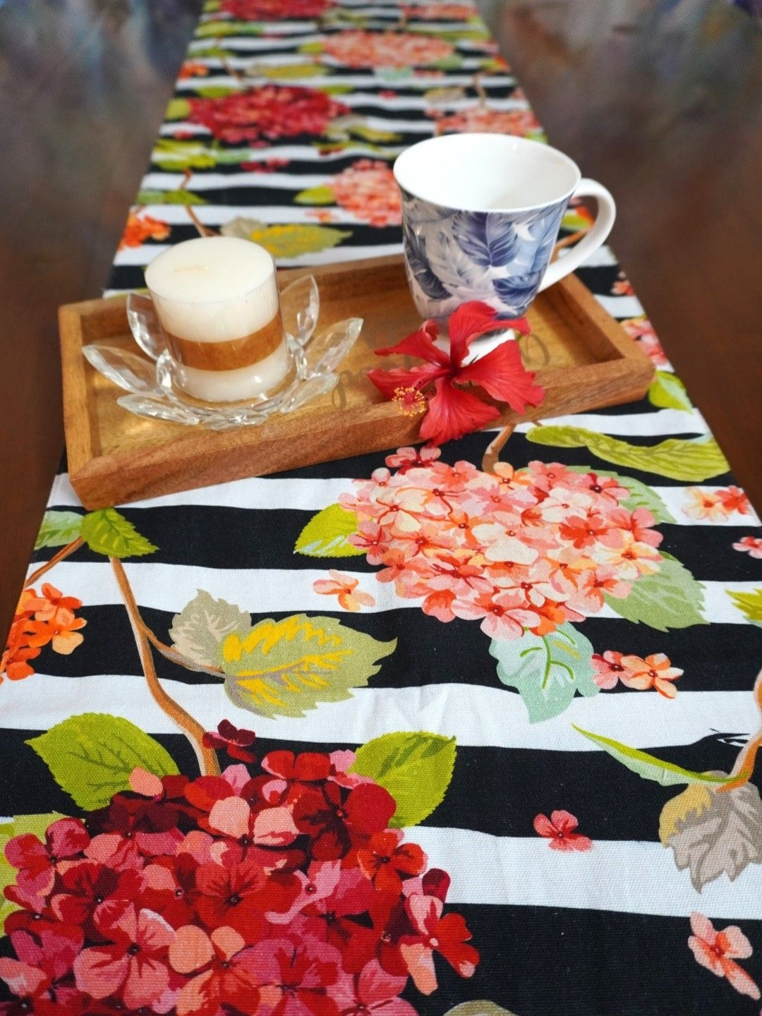 TARA- Sparkling Homes Black Pure Cotton Floral Printed Reversible Dining Table Runner
