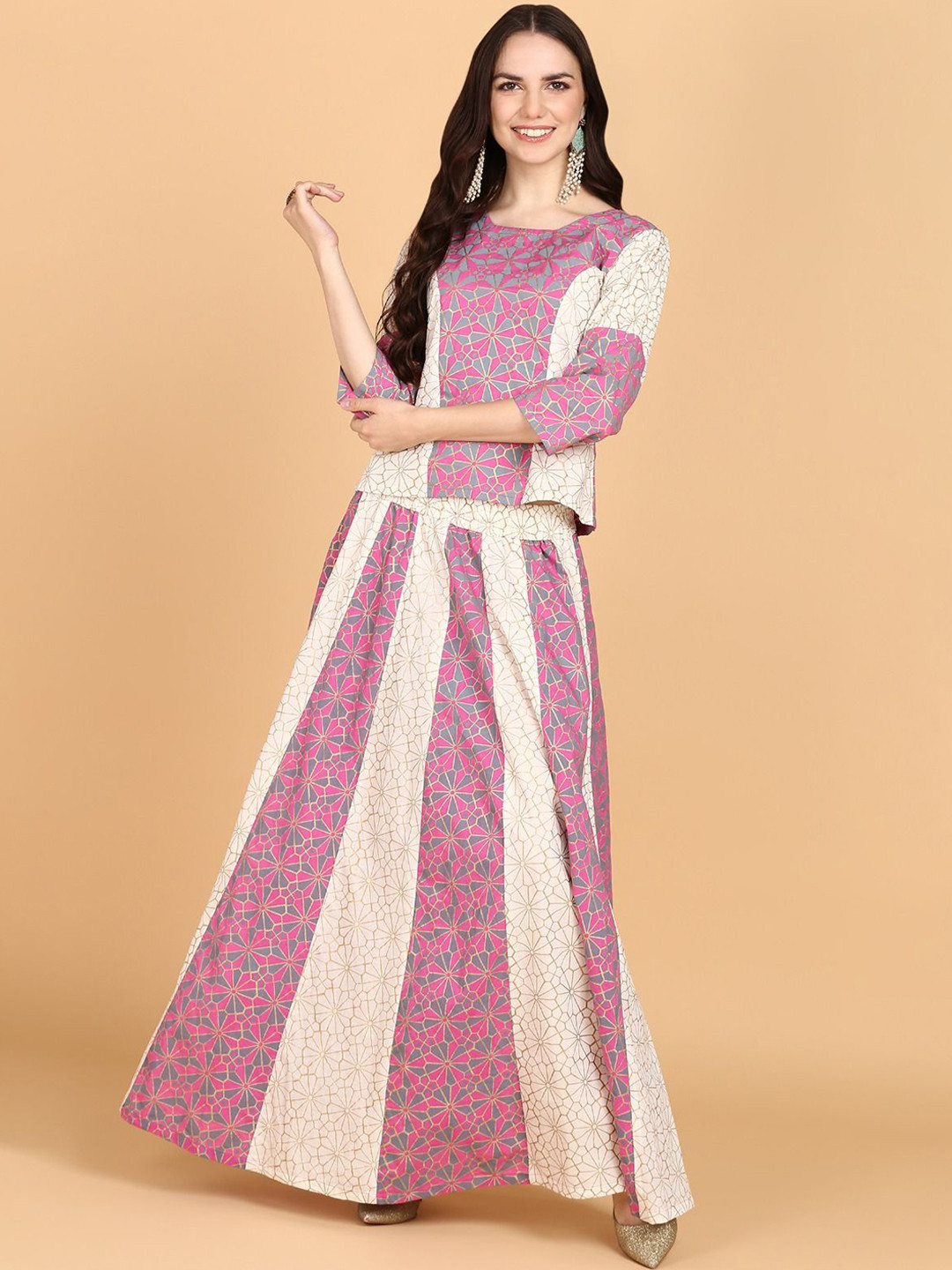 JAIPURI LIBAS Women Floral Printed Regular Pure Cotton Top with Skirt