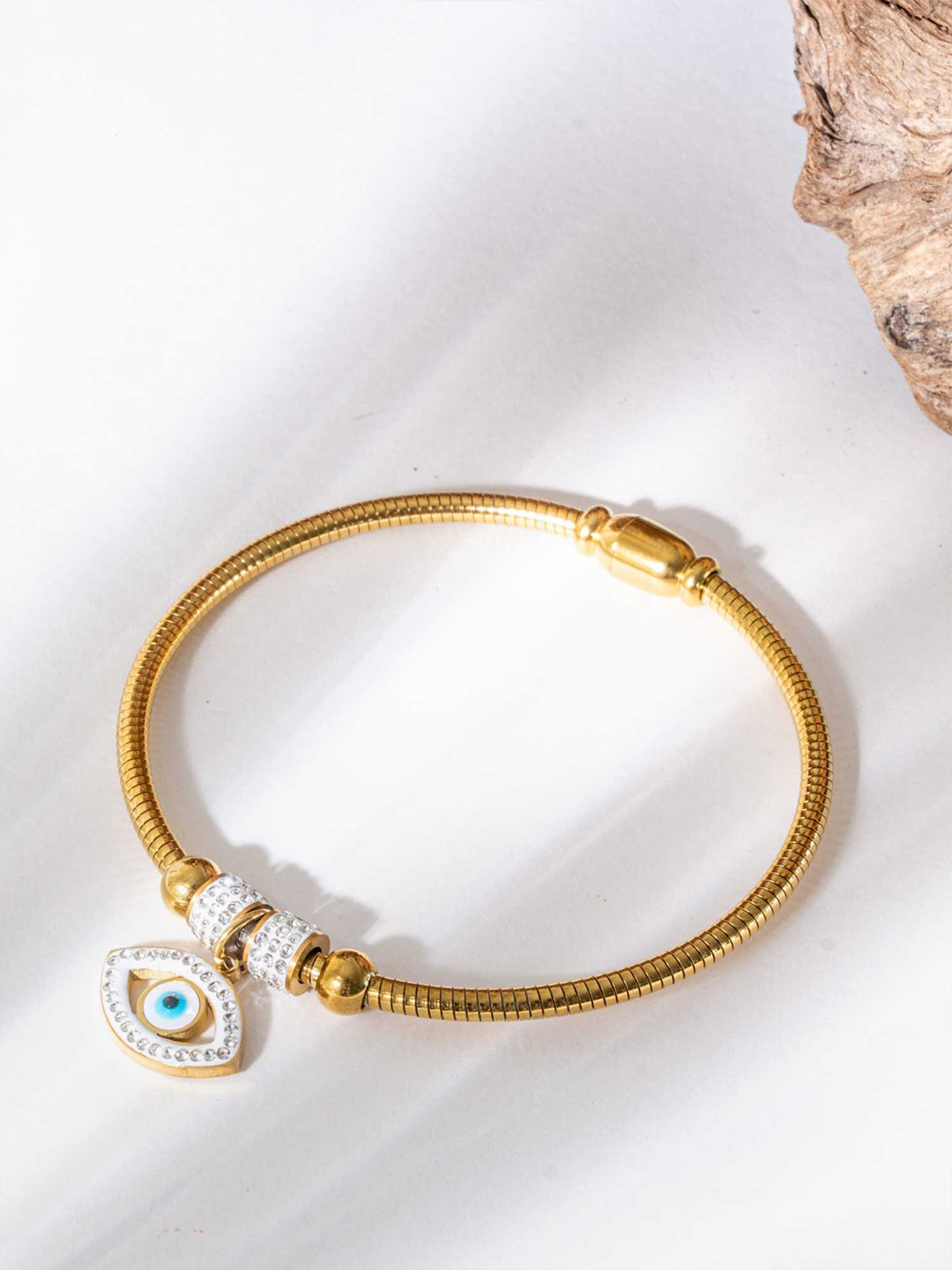 ZAISHA 18K Gold Plated Stainless Steel Stones Evil Eye Charm Magnetic Bangle Bracelet