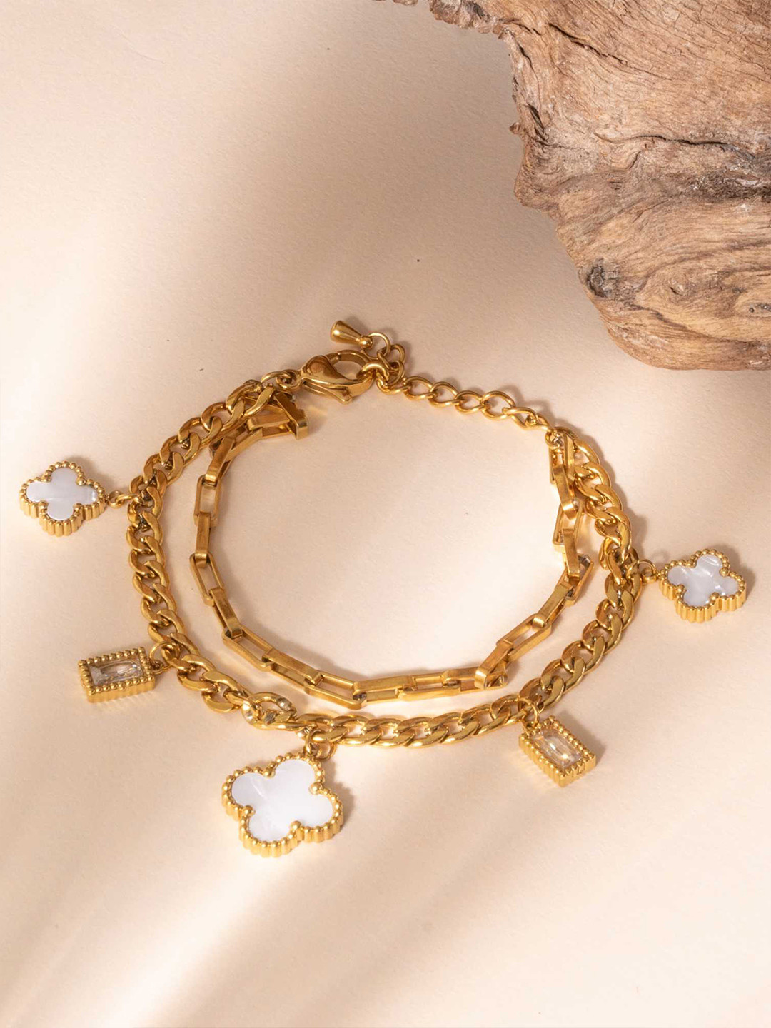 ZAISHA 18K Gold Plated Stainless Steel Clover Crystal Dainty Multistrand Bracelet