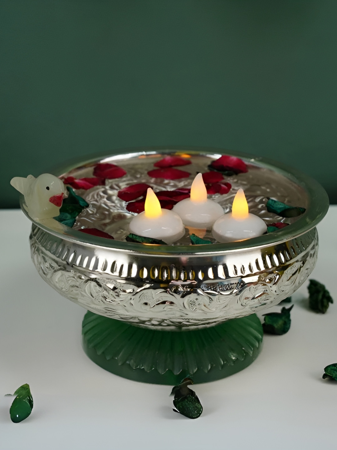 THE HOME CO. Green & Silver Toned Parrot Urli