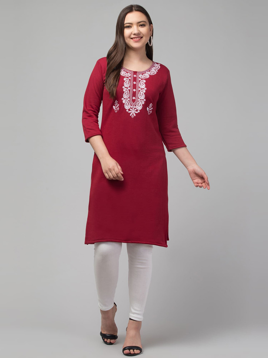 FAMBEE Floral Yoke Design Thread Work Woollen Straight Kurta