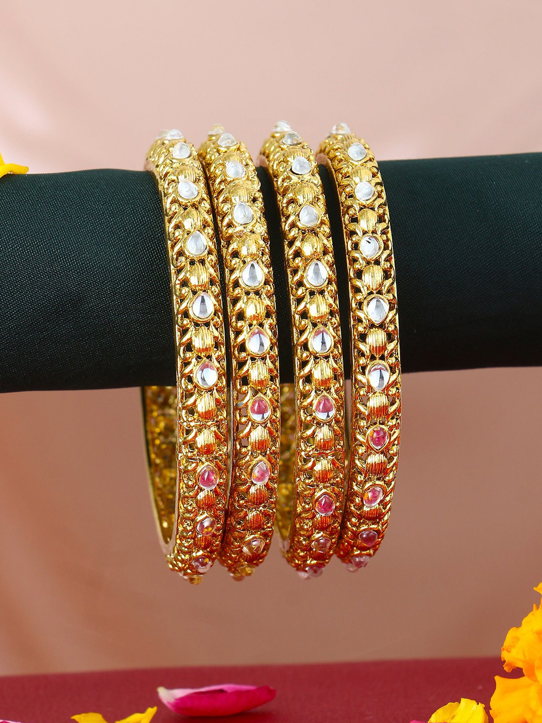Adwitiya Collection Set Of 4 Gold-Plated Artificial Stones Beautiful Bangles