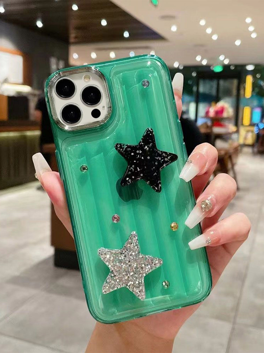 Luxury Kase LK119 Geometric Printed iPhone 14 Pro Max Crystal Clear Bling Star Back Case