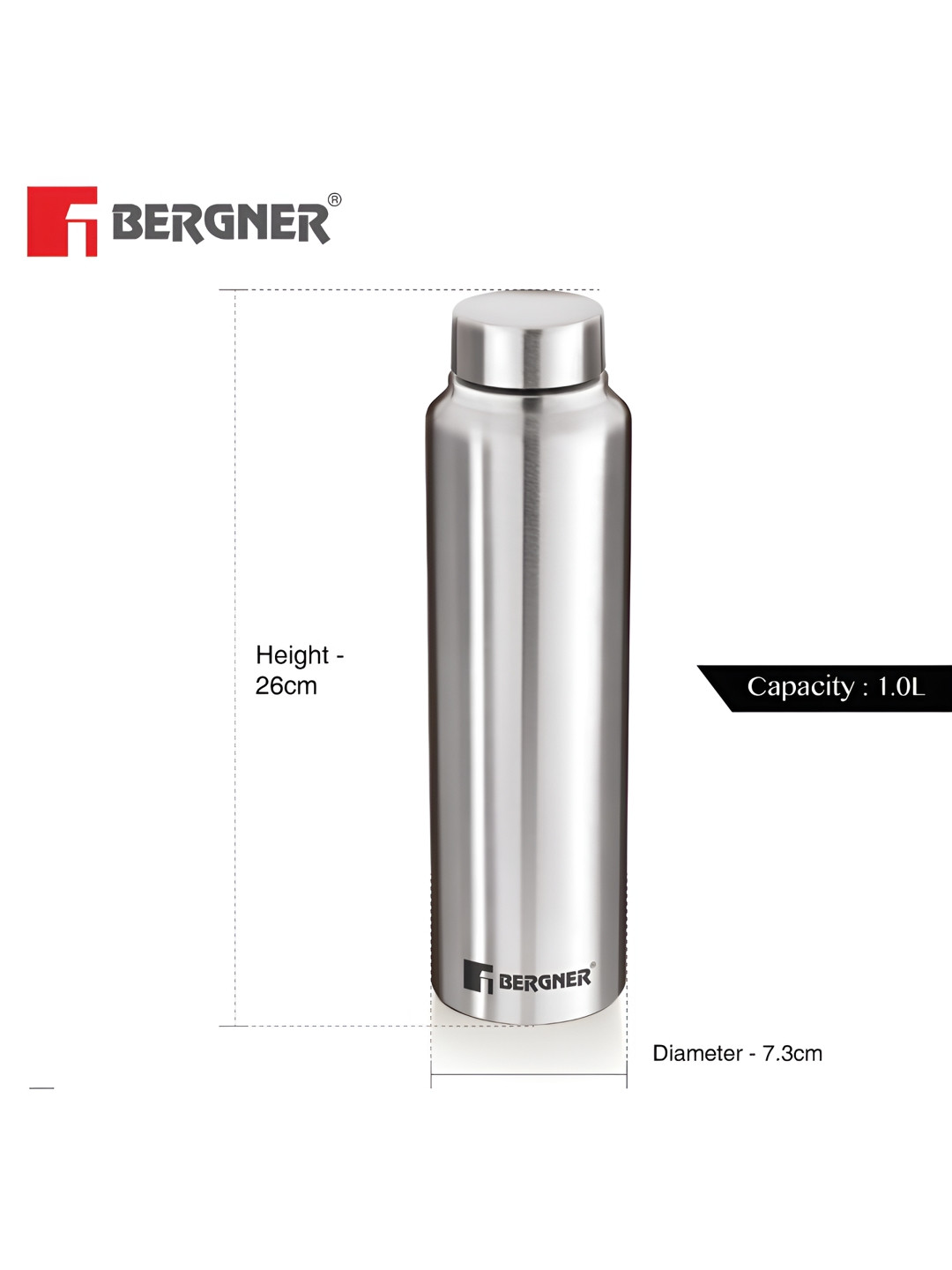 BERGNER Silver Brand Logo Stainless Steel Airtight 3 Piece Water Bottle - 1L