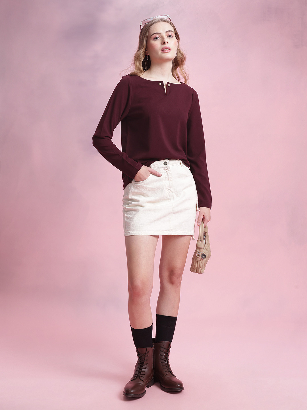 DressBerry Solid Top with Bead Brooch