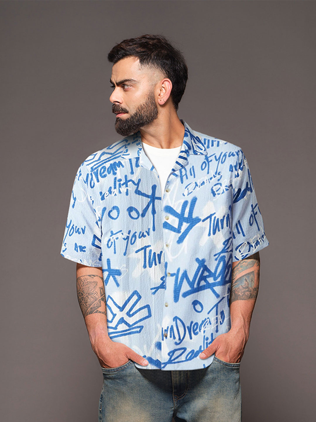 WROGN Men Comfort Fit Cuban Collar Typography Printed Casual Shirt