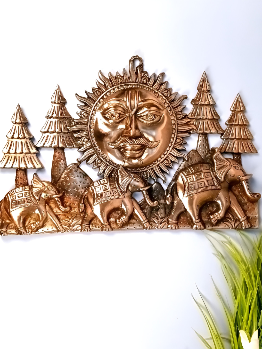 apka mart Sun With 3 Elephants Metal Ethnic Motifs Glossy Spiritual Wall Decor-13In