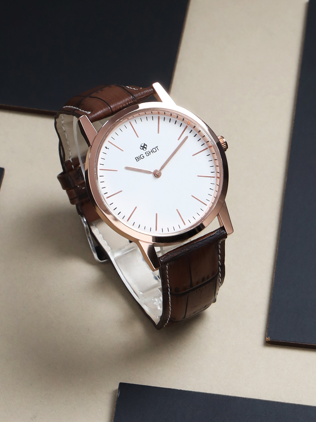 BIG SHOT Men Brass Embellished Dial & Leather Bracelet Style Straps Analogue Watch BSM001D