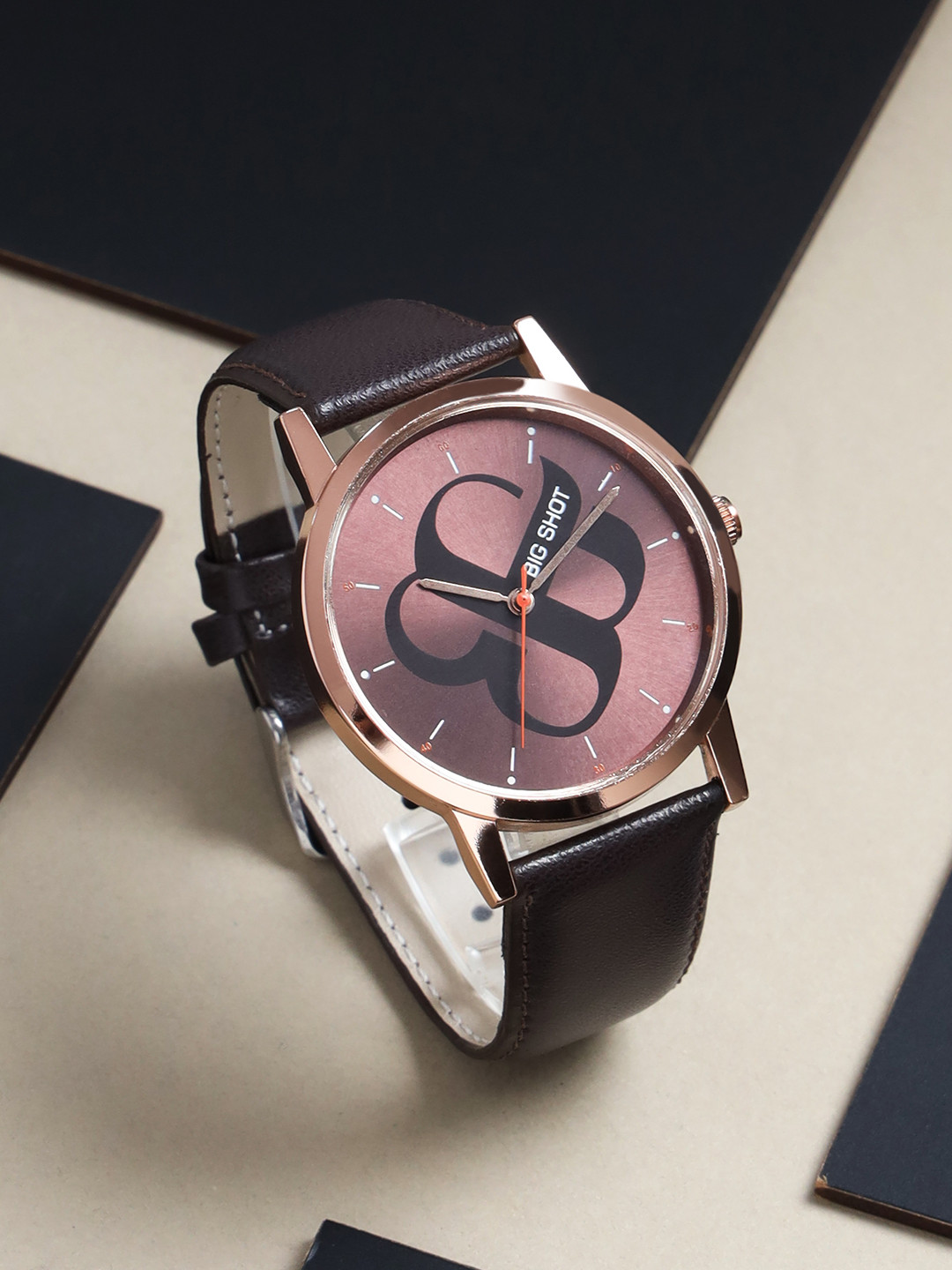 BIG SHOT Men Brass Patterned Dial & Leather Bracelet Style Straps Analogue Watch BSM003E