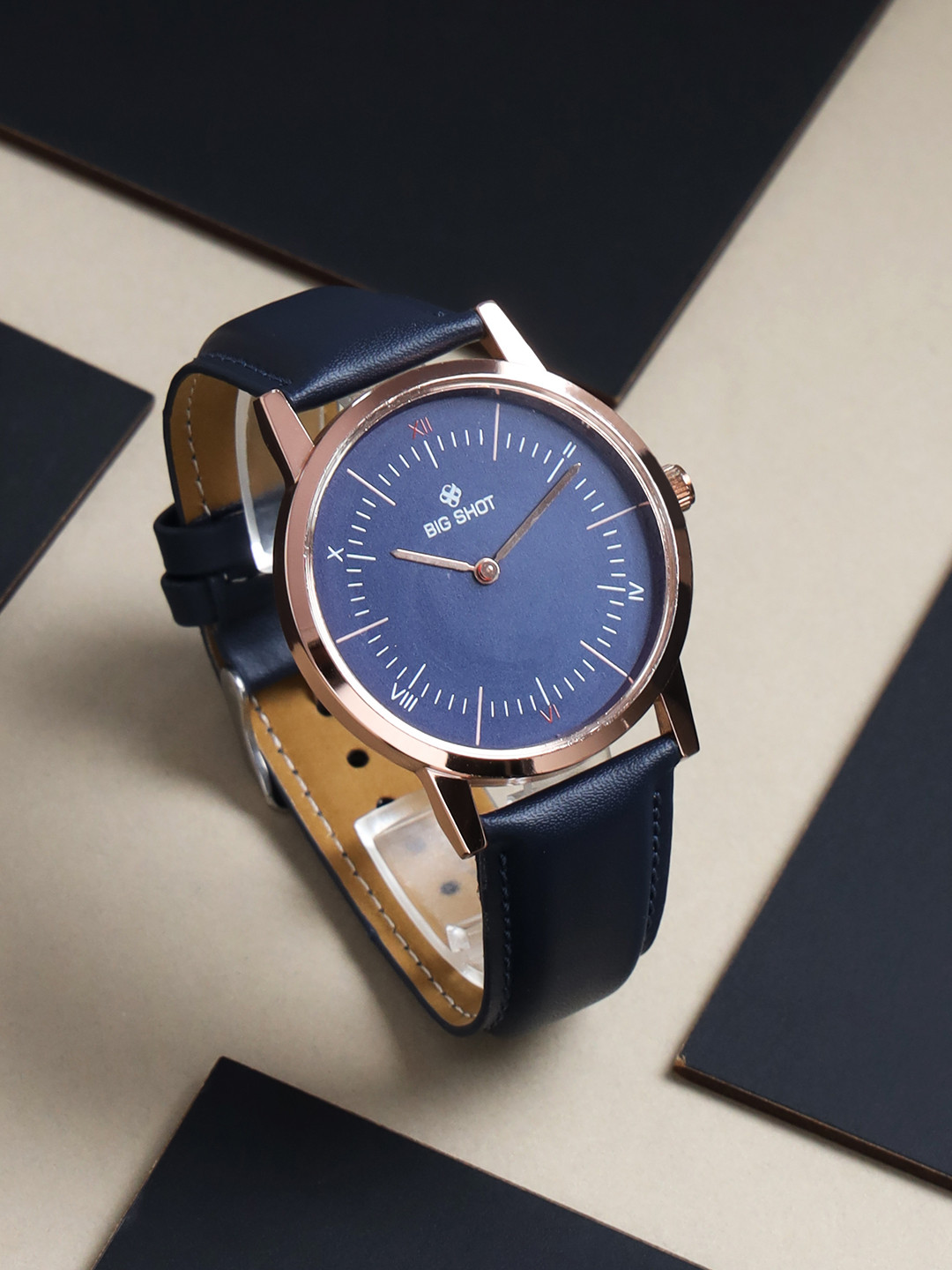 BIG SHOT Men Brass Patterned Dial & Leather Bracelet Style Straps Analogue Watch BSM002D