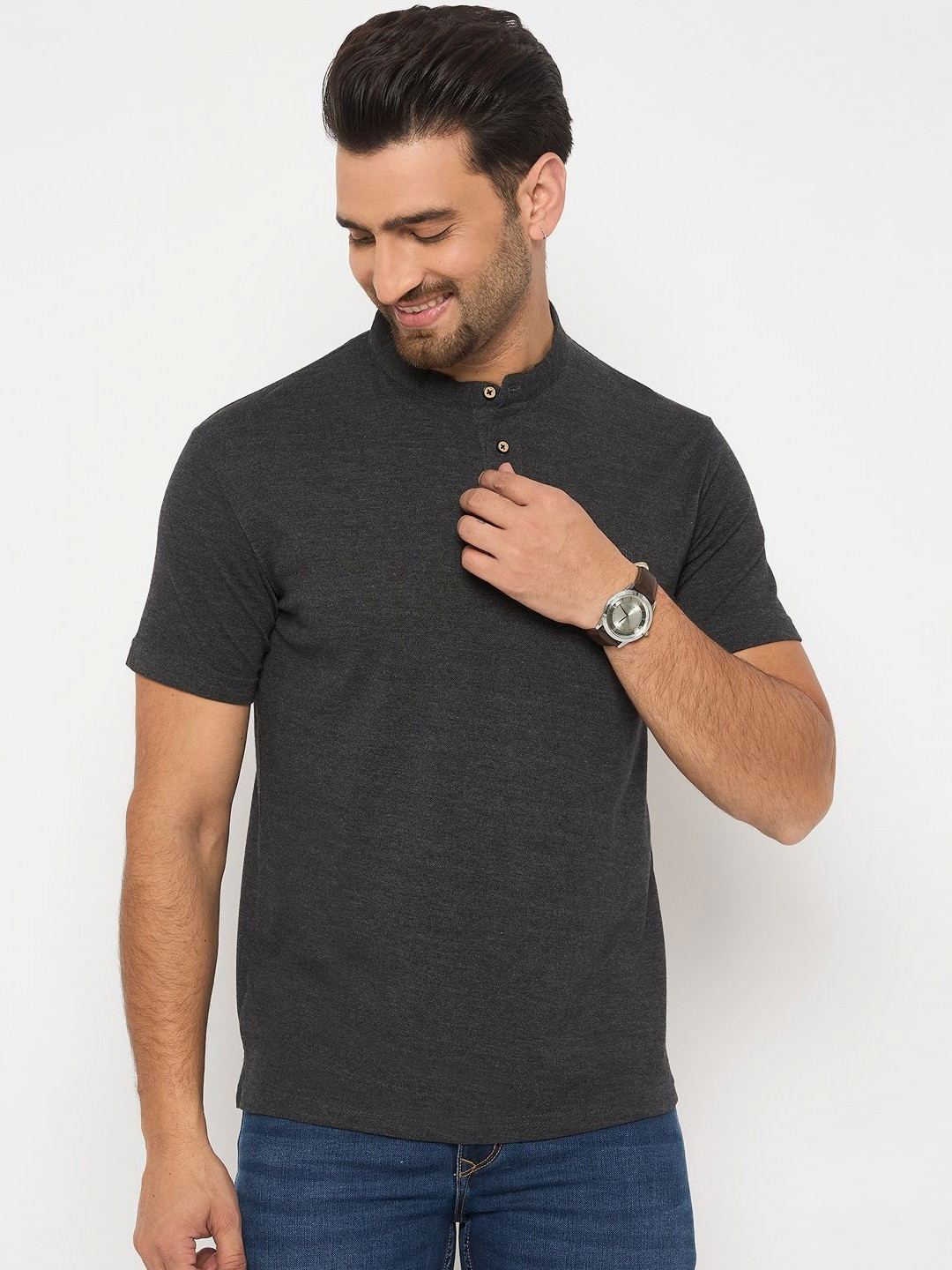 Duke Men Solid Mandarin Collar Cotton Slim Fit T-shirt