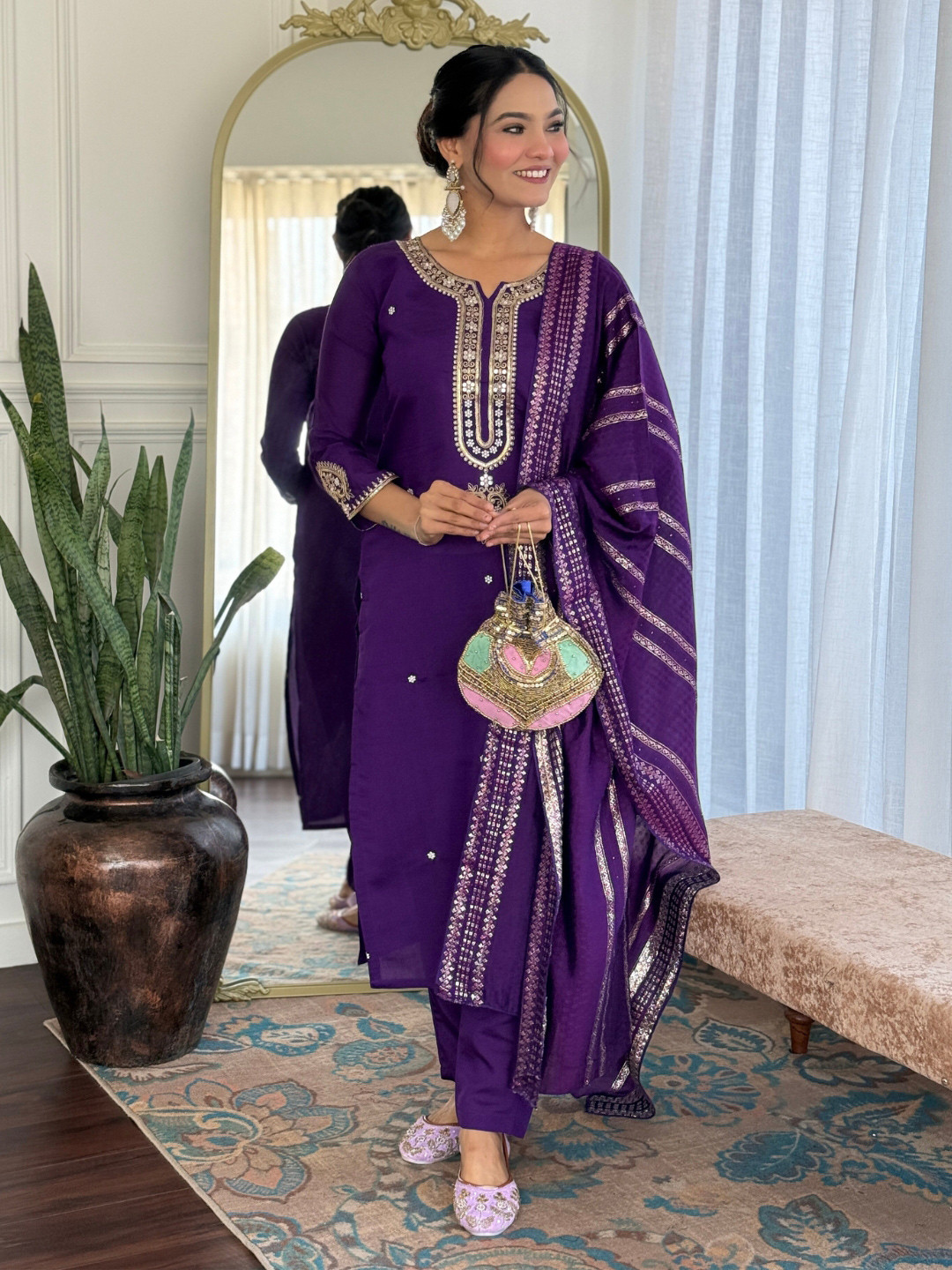 KALINI Ethnic Motifs Embroidered Straight Notch-Neck Kurta With Trouser & Dupatta