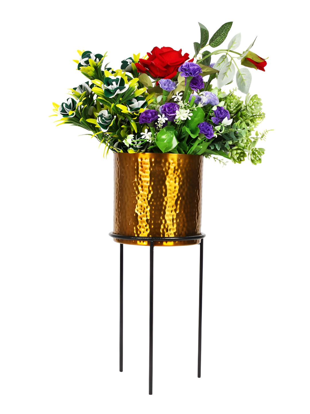 Homesake Gold-Toned & Black Hammered Cylindrical Shaped Metal Planters With Stand
