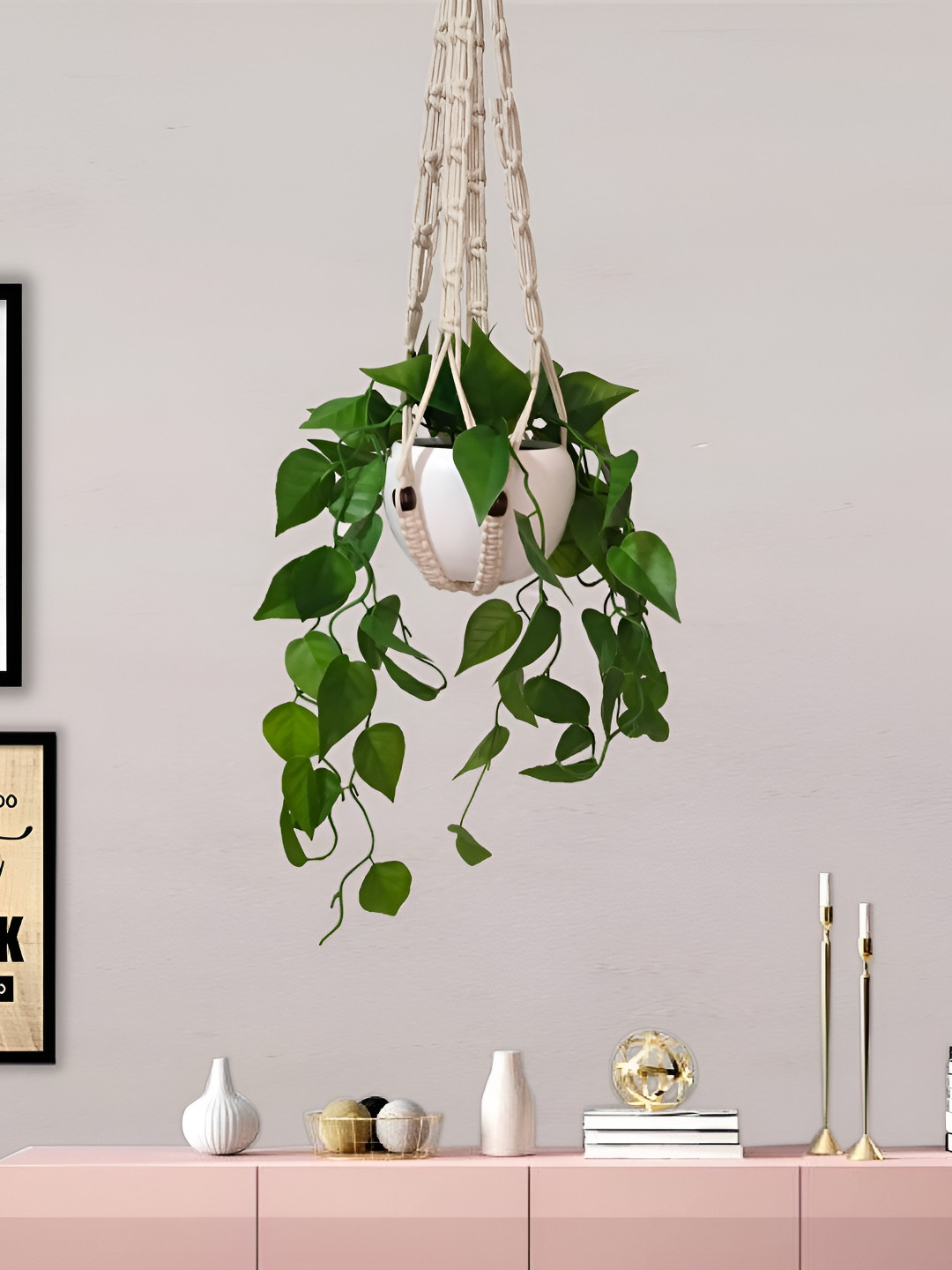 Homesake Green & White Hanging Artificial Money Plant With Pot