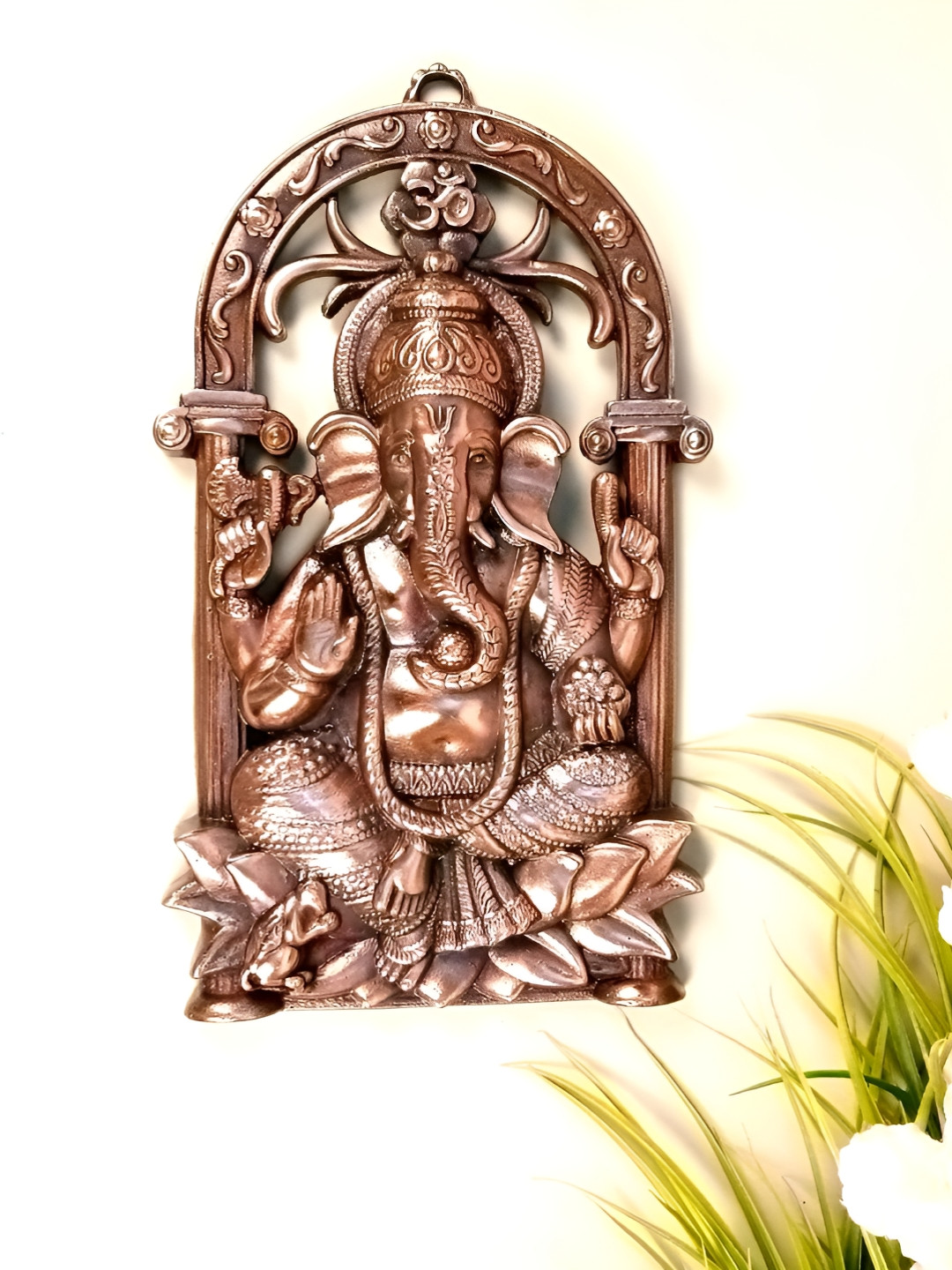 apka mart Ganesh Idol Metal Floral Matte Hanging Pooja Room Spiritual Wall Decor-14.2In