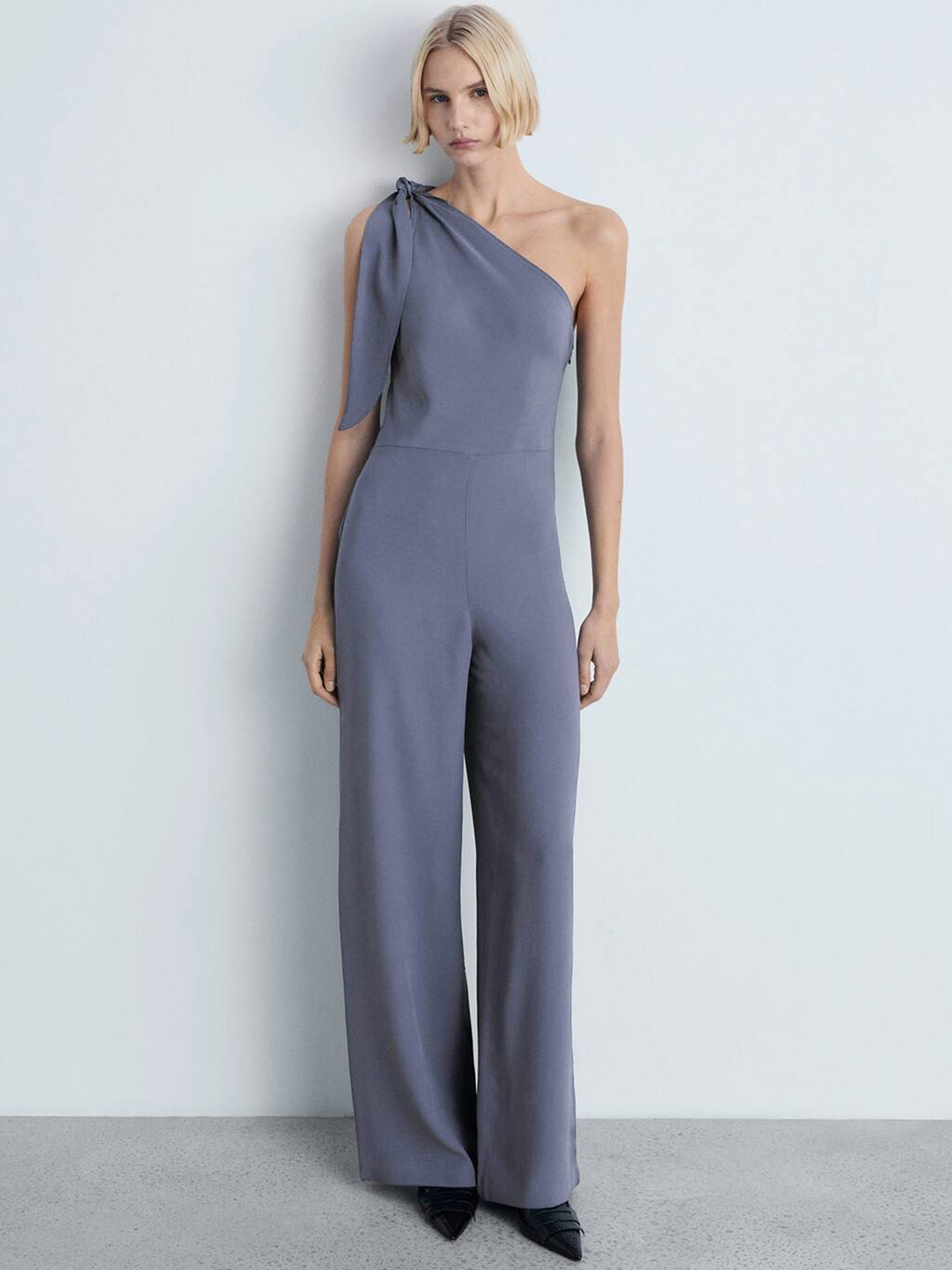 MANGO One Shoulder Flared Fit Jumpsuit with Knot Detail