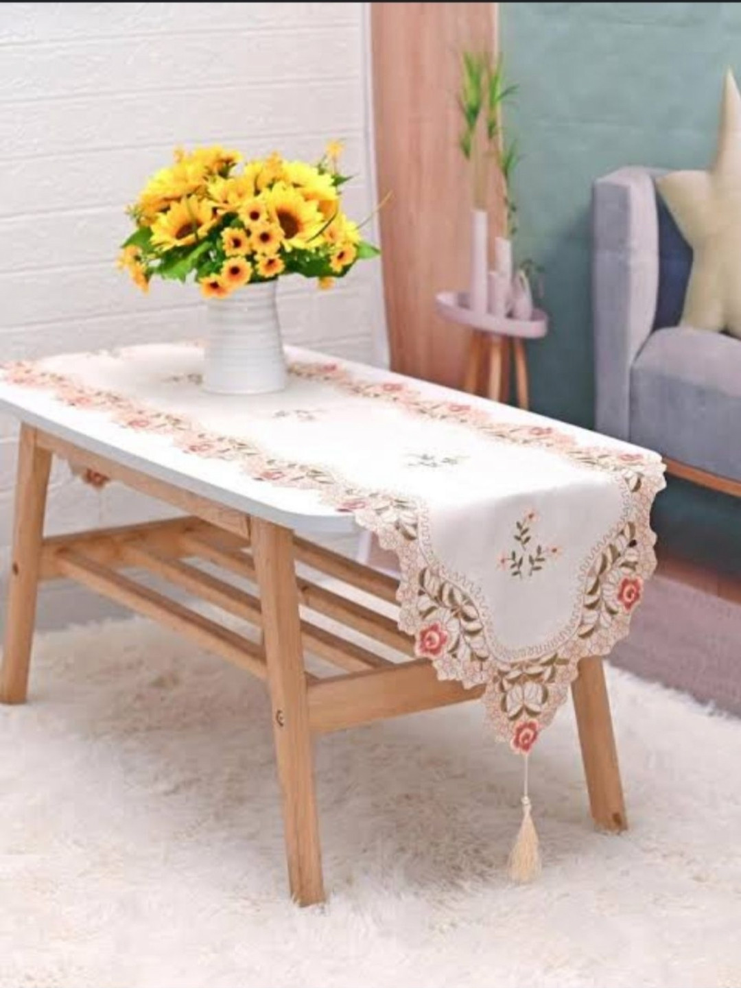 MONKDECOR Beige & Pink Laser Cut Embroidered Table Runner