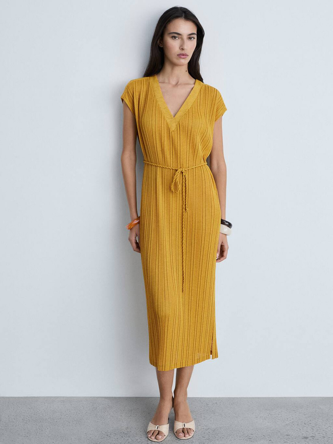 MANGO Pleated Belted A-Line Midi Dress