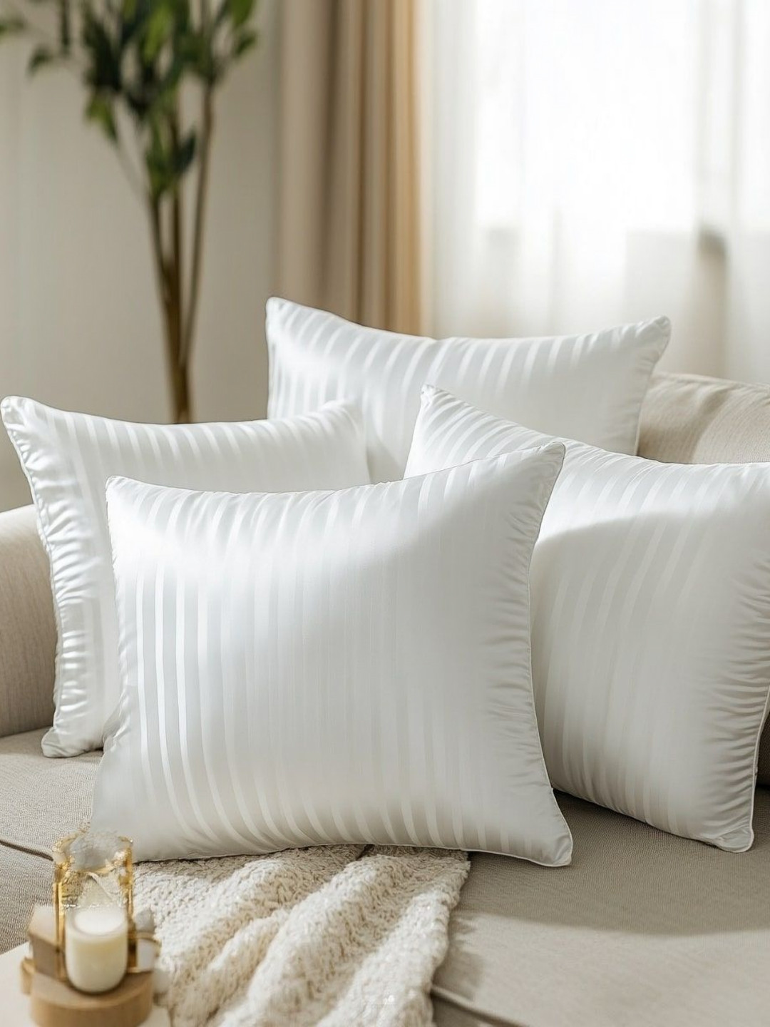 Nivasam White 4 Pieces Striped Square Shaped Cushions