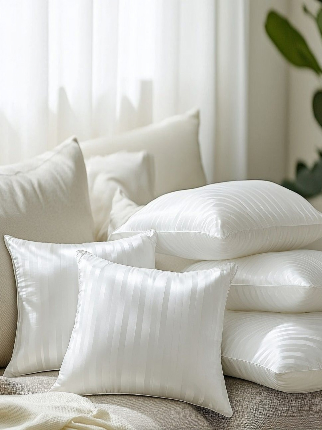 Nivasam White 5 Pieces Striped Square Shaped Cushions