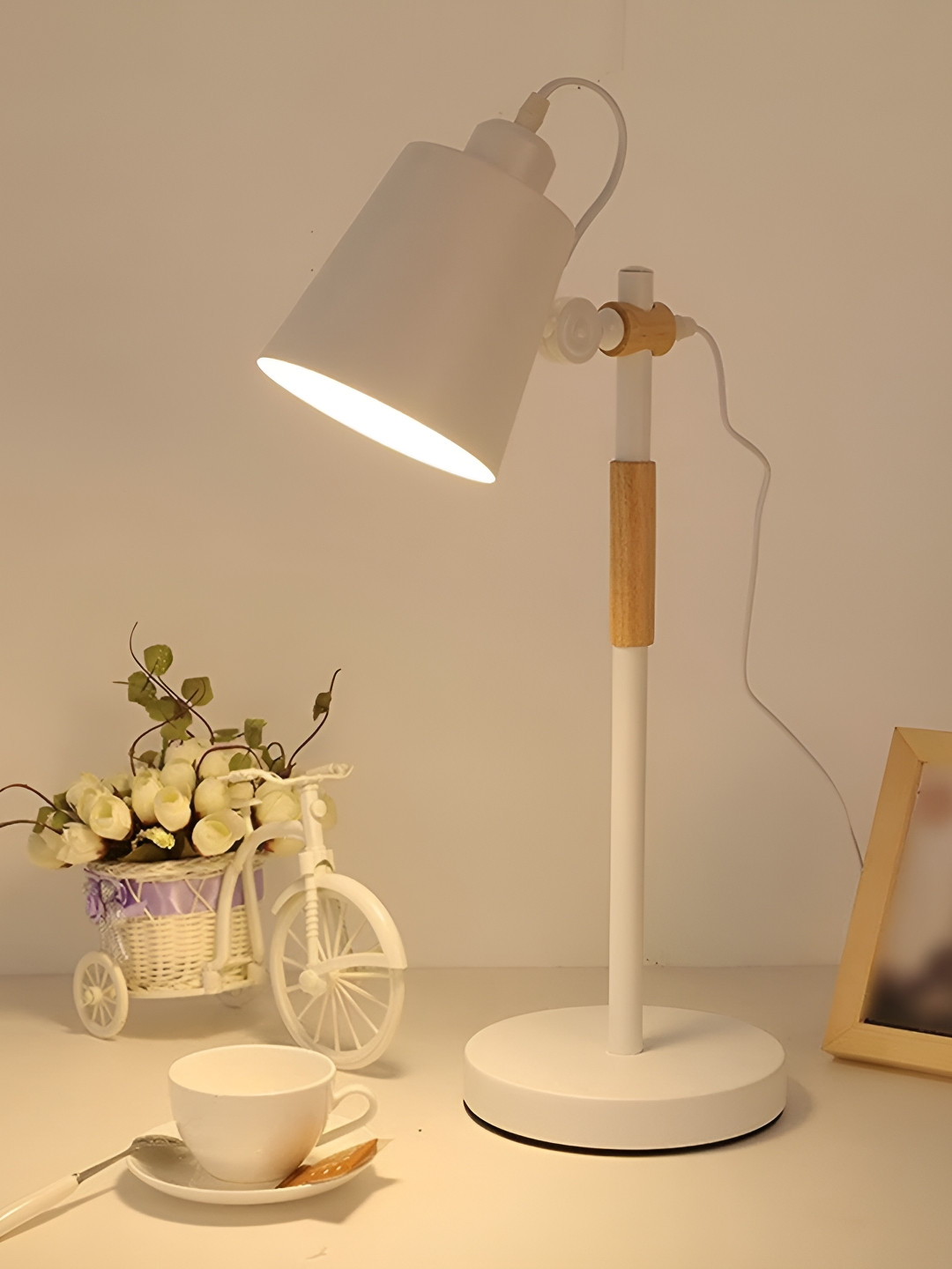 Homesake White and Brown Metal Industrial Frustum Shaped Table Lamp