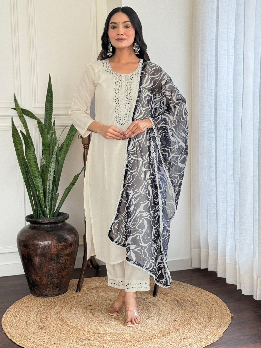 KALINI Floral Embroidered Beads and Stones Scoop Neck Kurta With Trousers And Dupatta