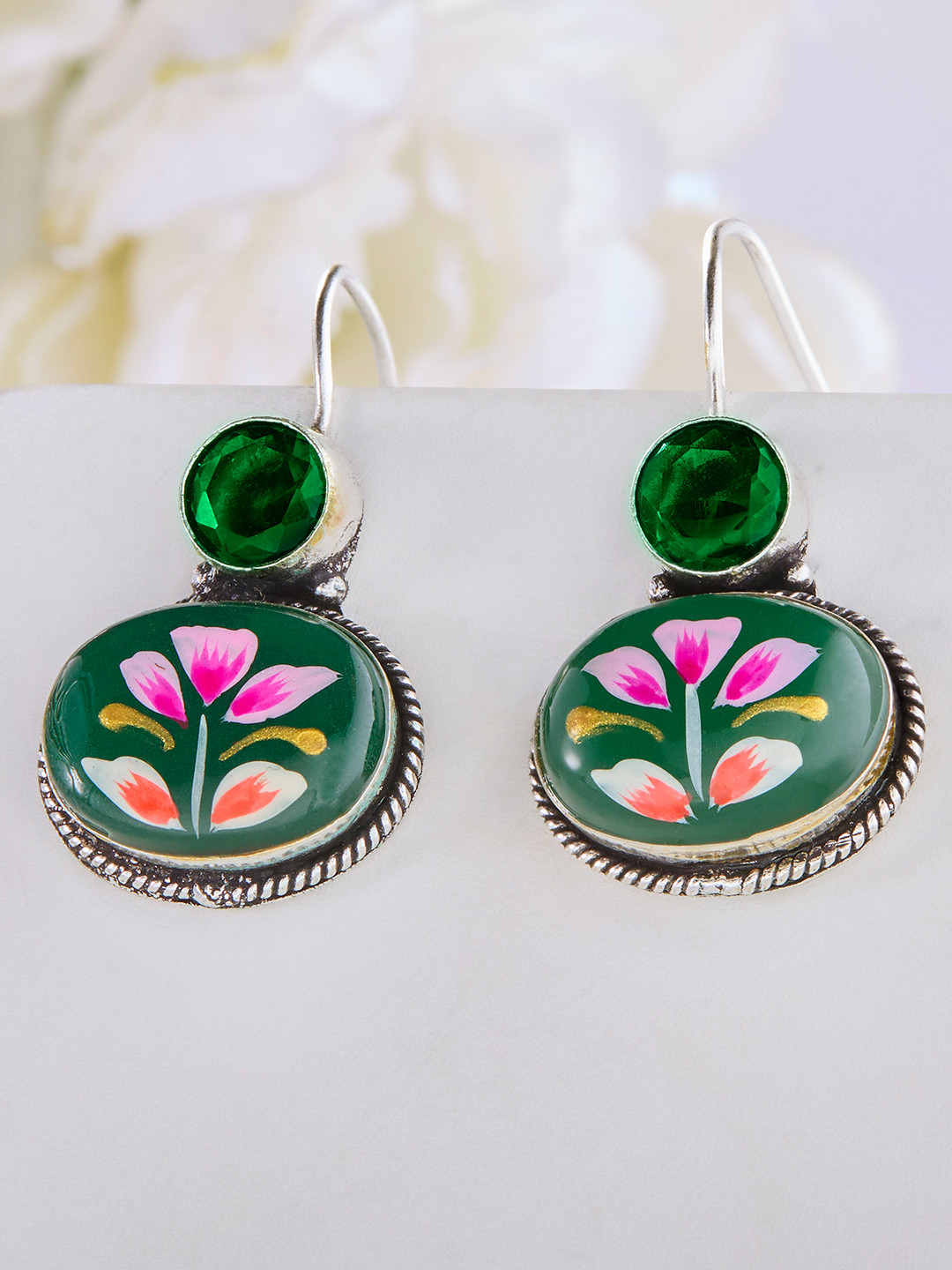 Priyaasi Silver Plated Emarld Stone Studded Oxidized Drop Earrings